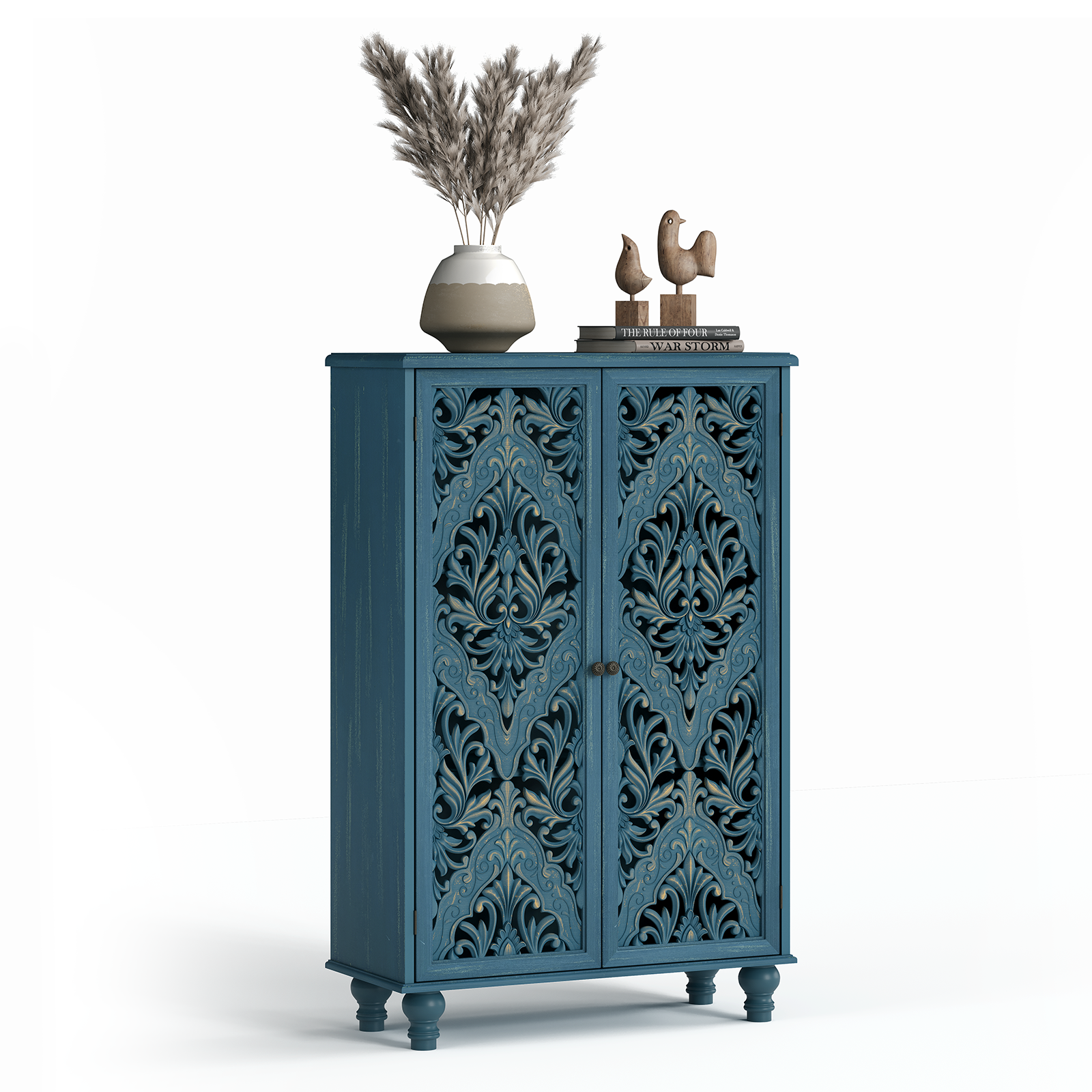 thumbnail video image 2 of JOINICE 47" Storage Cabinet with Doors and Shelves ,Tall Accent  Cabinets with Wood Leg ,for Living Room,Entryway,Bedroom,Blue, 2 of 7