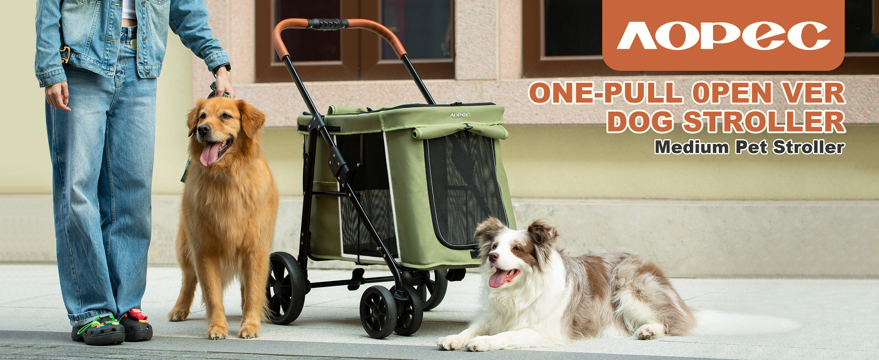 thumbnail video image 2 of AOPEC Medium Dog Stroller, Dual Entry One-Touch Folding,Small and Medium Pet Stroller,360° Rotating Front Wheels,70 lbs Weight Capacity for Outdoor Travel and Elderly Dogs - Green, 2 of 7