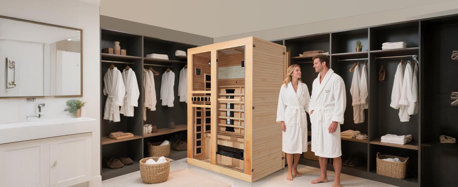 thumbnail video image 2 of Erinnyees 2 Person Infrared Sauna, Indoor Dry Sauna, Full Spectrum Home Sauna, 15 Minutes Pre-Warm up, with 7 Color Light Belt, 110V, 2 of 9