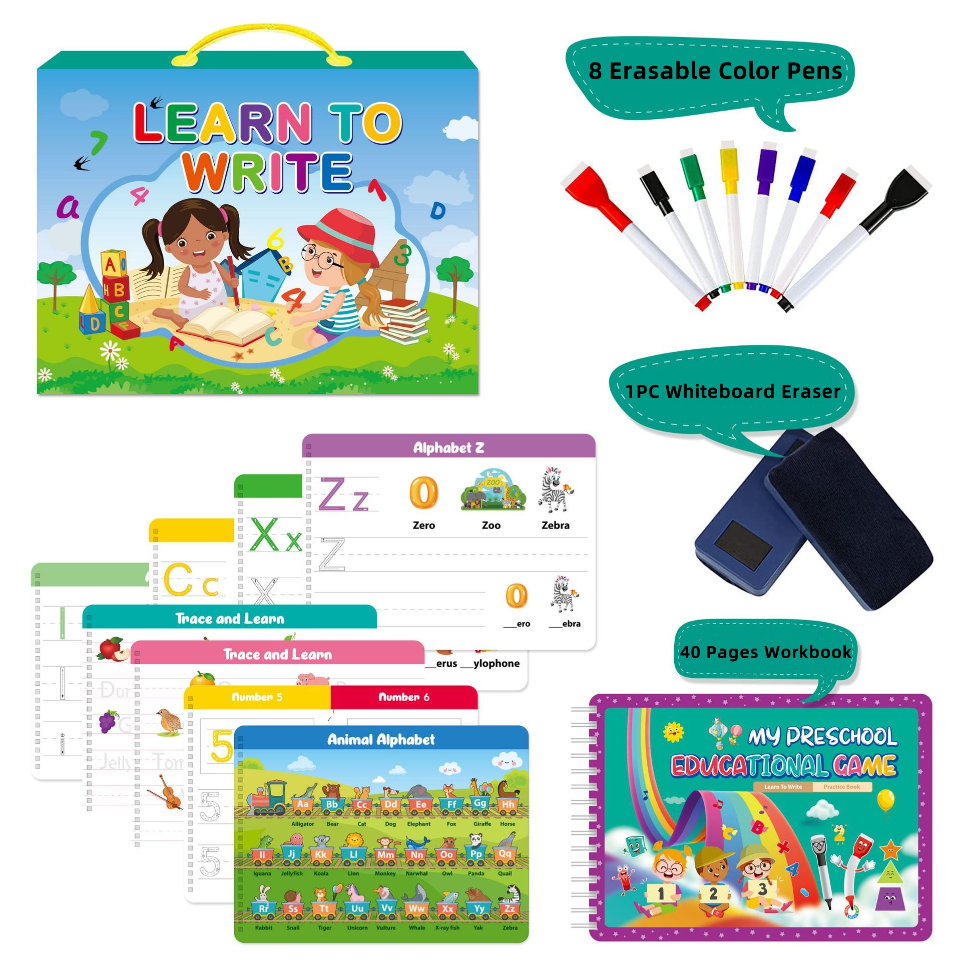 thumbnail video image 2 of 40 Pages Preschool Learning Workbook, andwriting Practice for Kids Autism Educational Toys Learn to Write, Educational Montessori Busy Book Toys for Toddlers 3 4 5 6 Years Olds, 2 of 7
