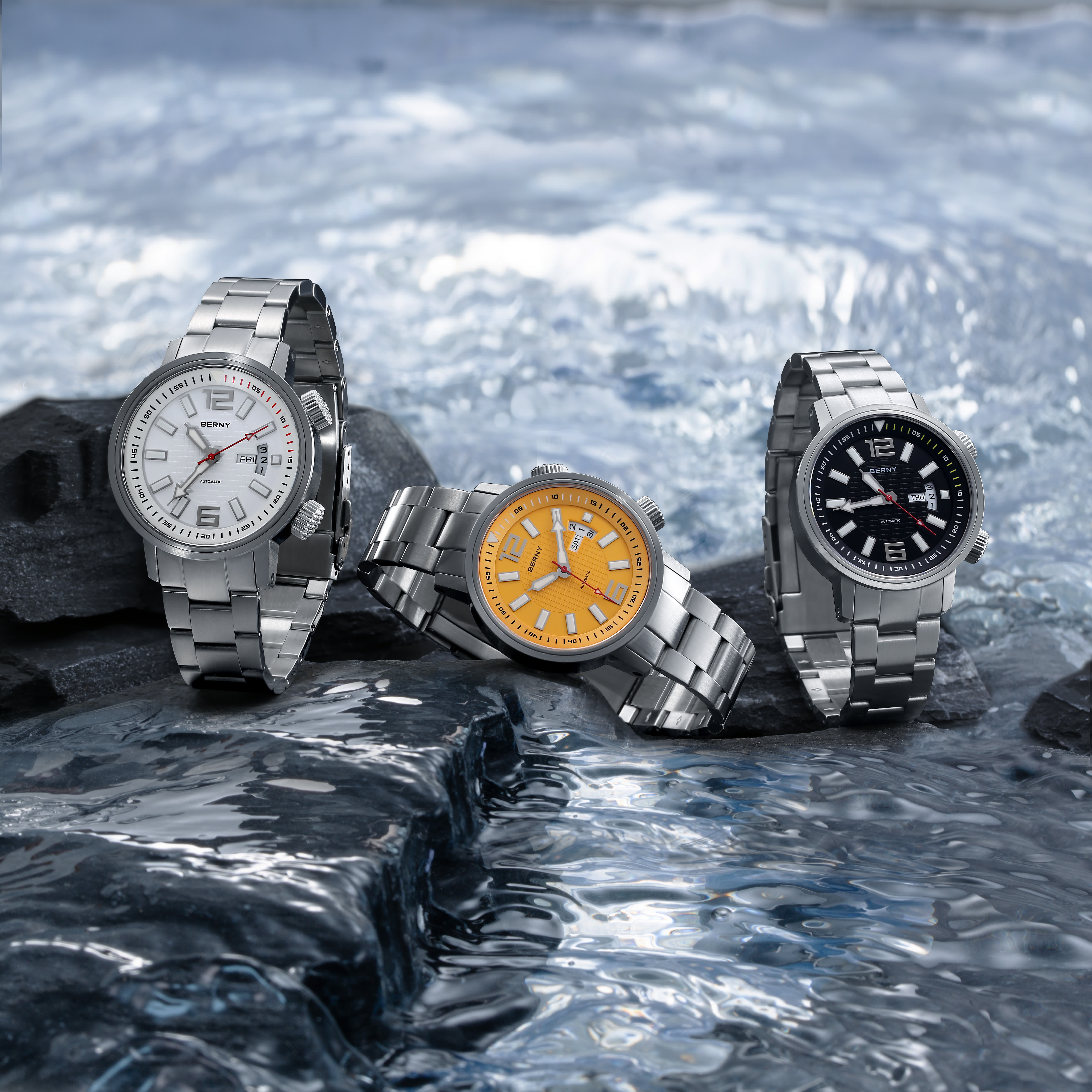 thumbnail video image 2 of BERNY Automatic Dive Watches for Men, Sport 200M Waterproof Analog Mechanical Watch with Day & Date Calendar, Super Luminous, Stainless Steel, Sapphire Crystal, Fashion Men's Pro Diver Watch (Yellow), 2 of 14