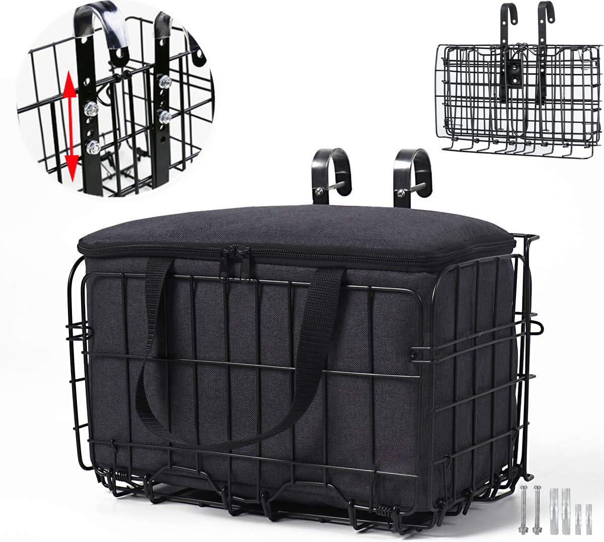thumbnail video image 2 of Front Handlebar Bike Basket Folding Adjustable Height with Carrier Tote Basket Liner Bag, Black, 2 of 8