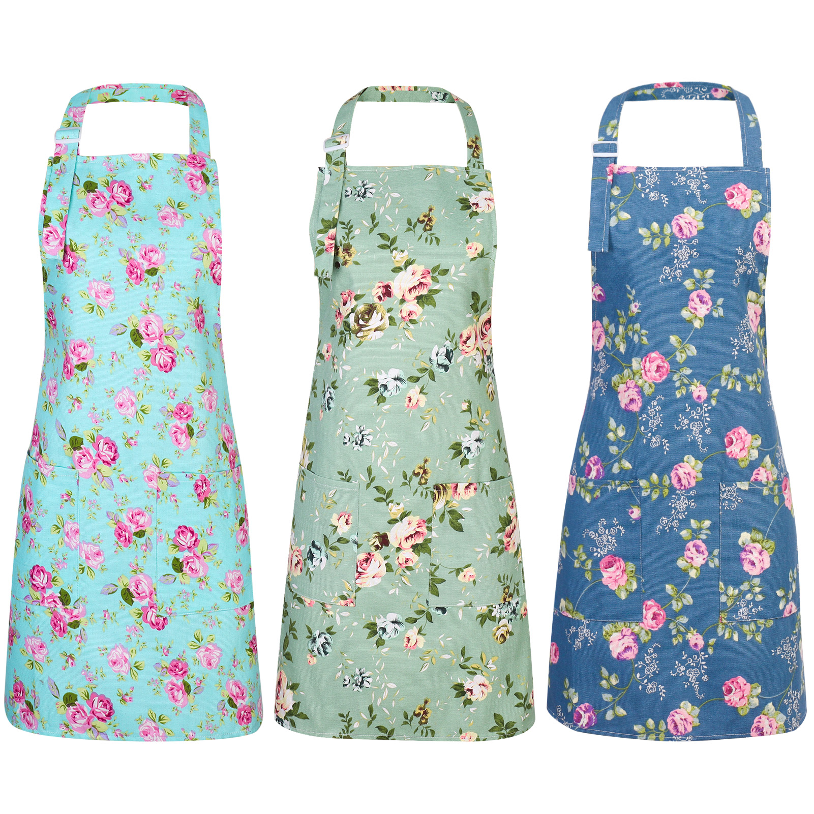 thumbnail video image 2 of AOWOO 3 Pack Floral Aprons for Women, Adjustable Kitchen Aprons with 2 Pockets Vintage Cute Rose Floral Apron Chef Bakers Apron for Cooking Baking Gardening Apron Gift for Mom Wife Sister Grandma, 2 of 8