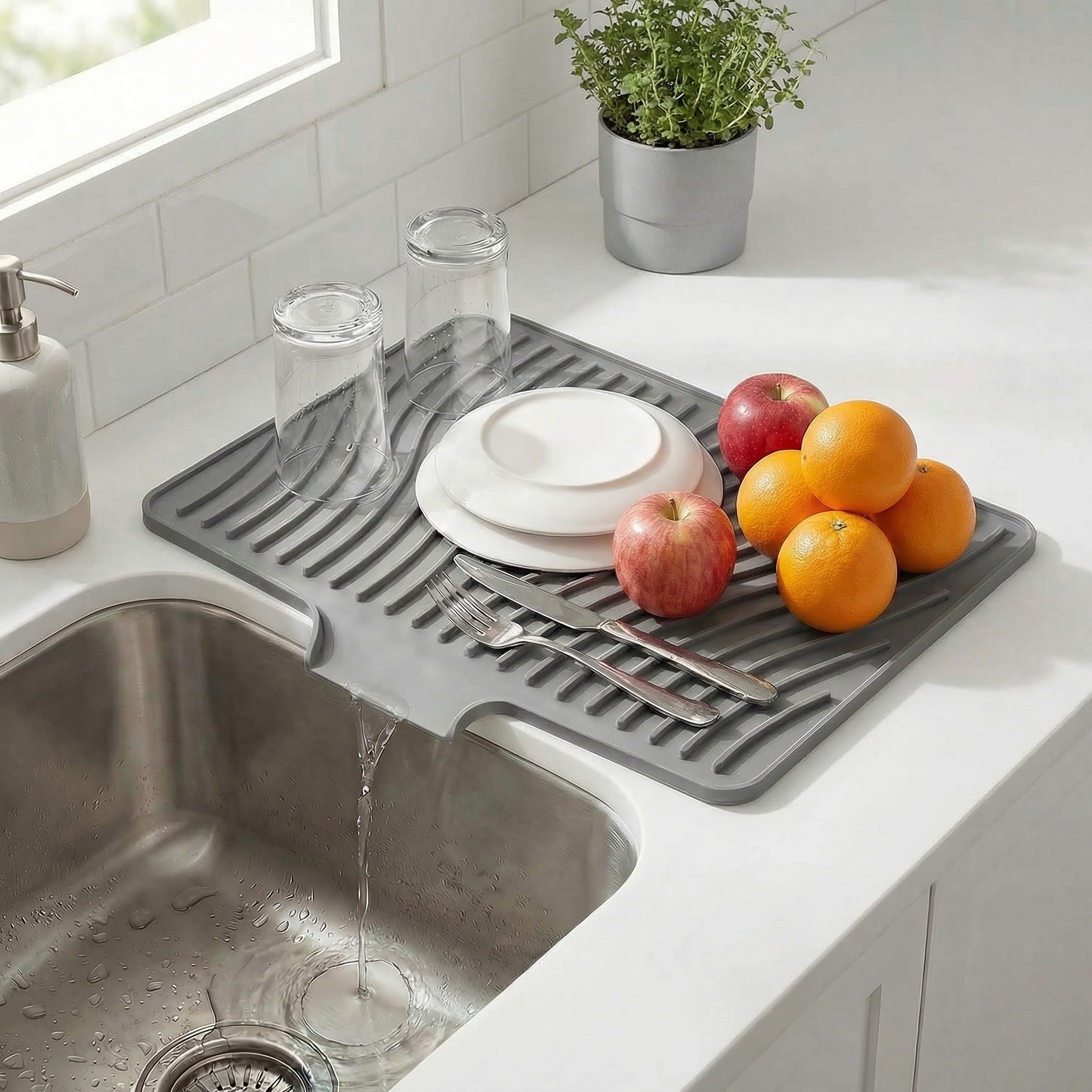 thumbnail video image 2 of Silicone Dish Drying Mat for Kitchen Counter or Sink, Non-Slip Dish Drainer Mat with Built-in Drain, Heat Resistant Drying Pad, Grey, 2 of 8