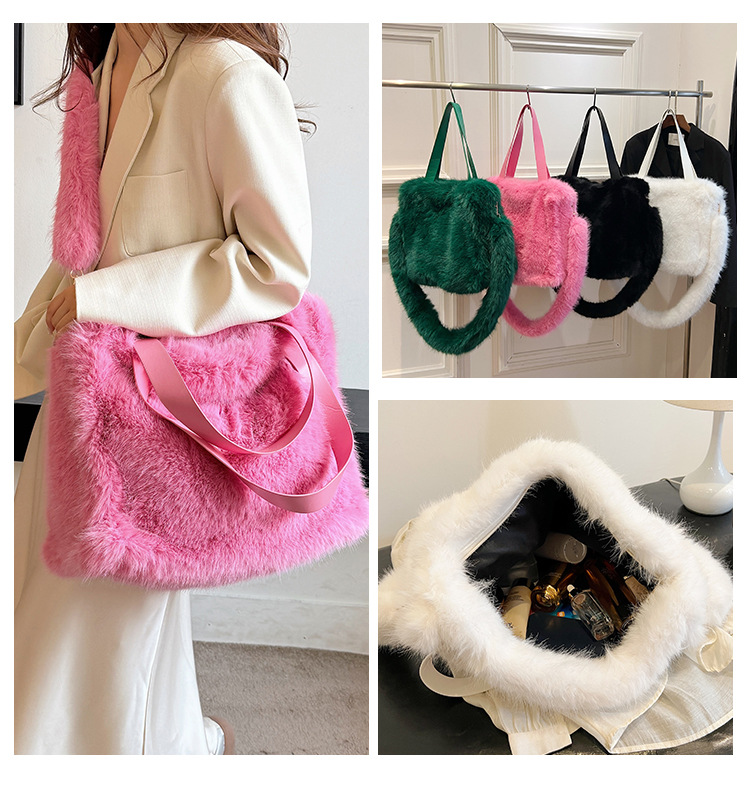 thumbnail video image 2 of Sunyuer Women Soft Faux Fur Tote Bag, Large Capacity Fluffy Plush Shoulder Handbag with Detachable Plush Crossbody Strap, Fashion Zipper Shopper Tote Purse for Autumn Winter Daily Use, 2 of 8