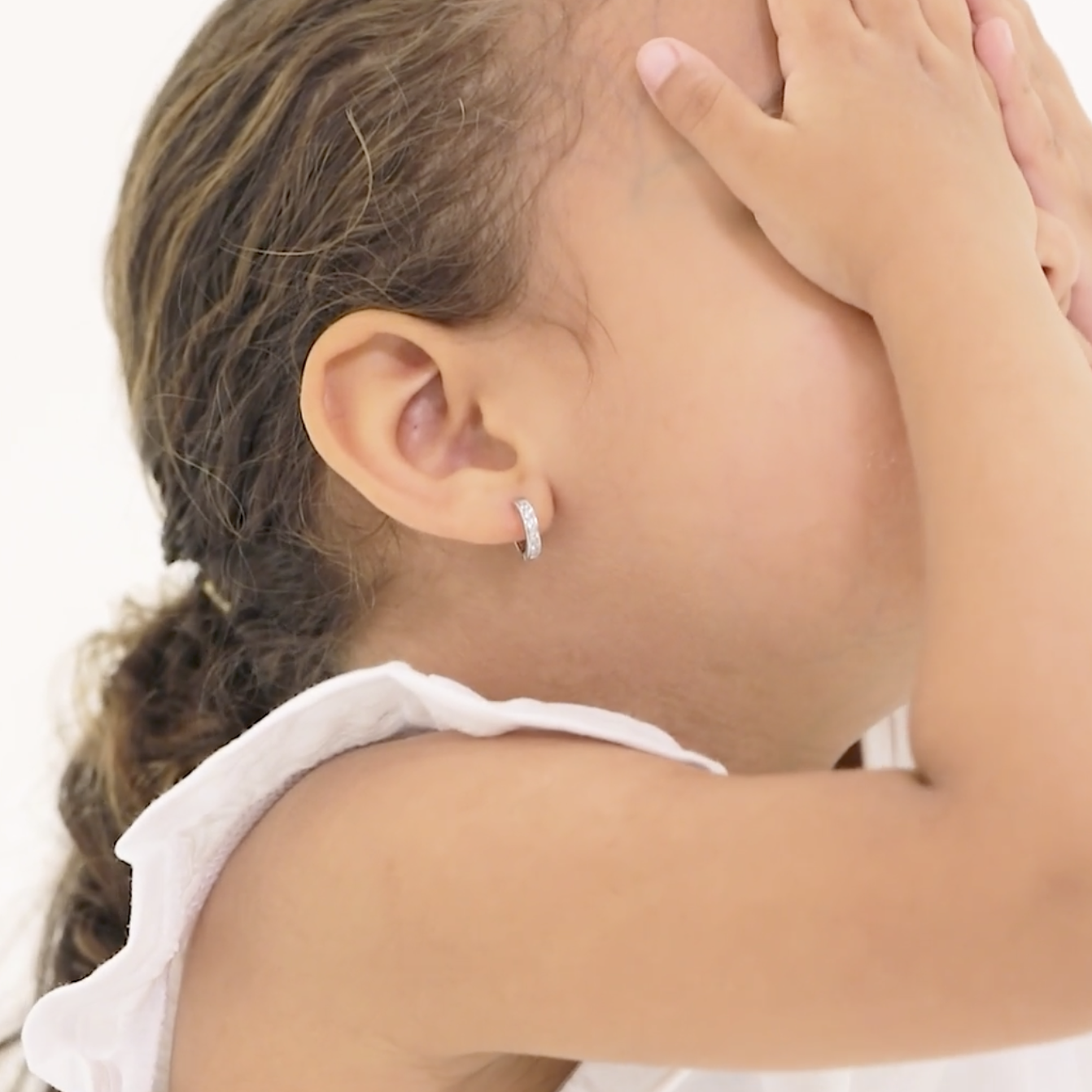 thumbnail video image 2 of 925 Sterling Silver Pink CZ Small Hoop Huggie Earrings For Young Girls 10mm, 2 of 7