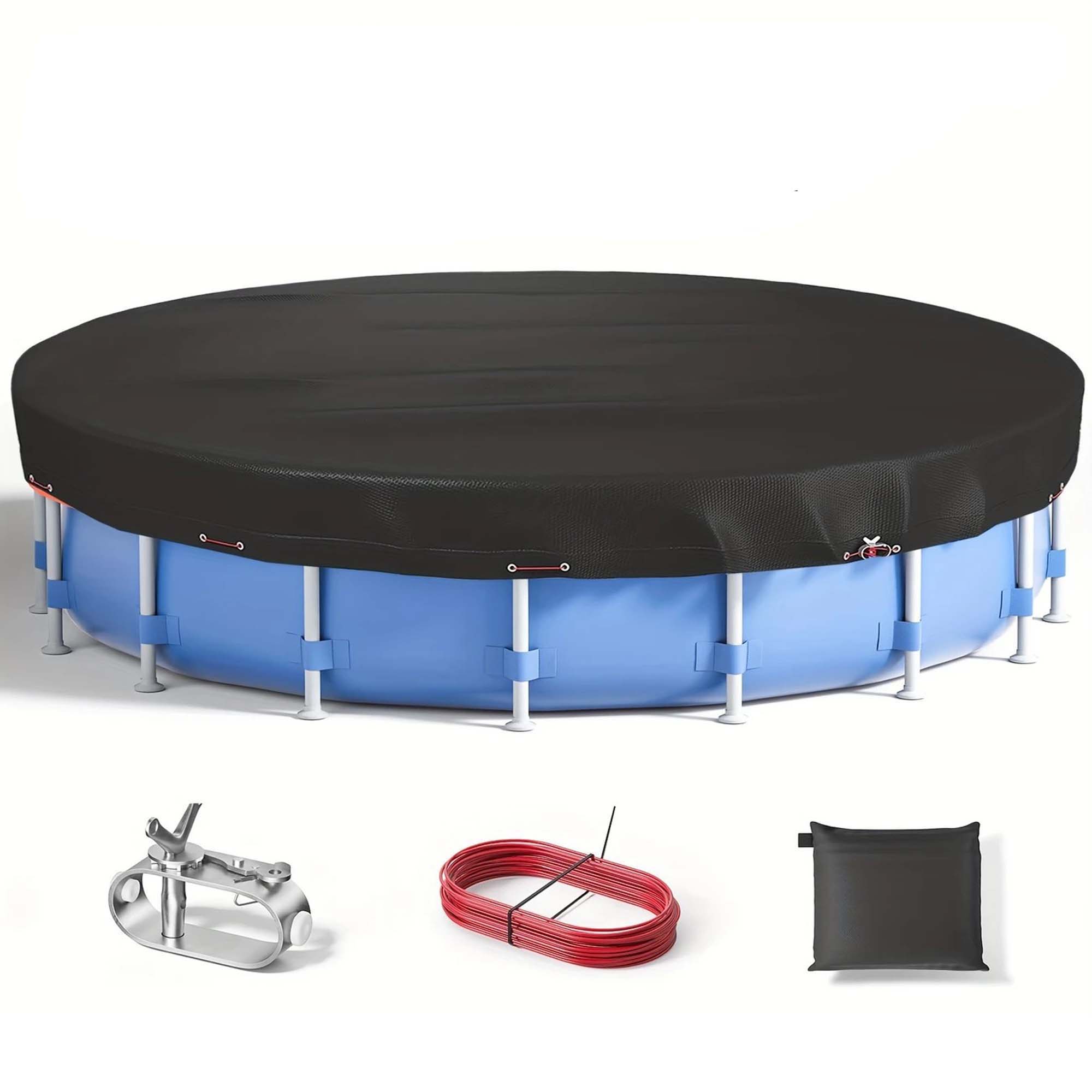thumbnail video image 2 of 10Ft Round Pool Cover, Solar Pool Covers for Above Ground Pools, 420D Inflatable Pool Cover Protector with Steel Rope, Increase Stability Ground Swimming Pools, UV Resistant, Waterproof Dustproof, 2 of 13