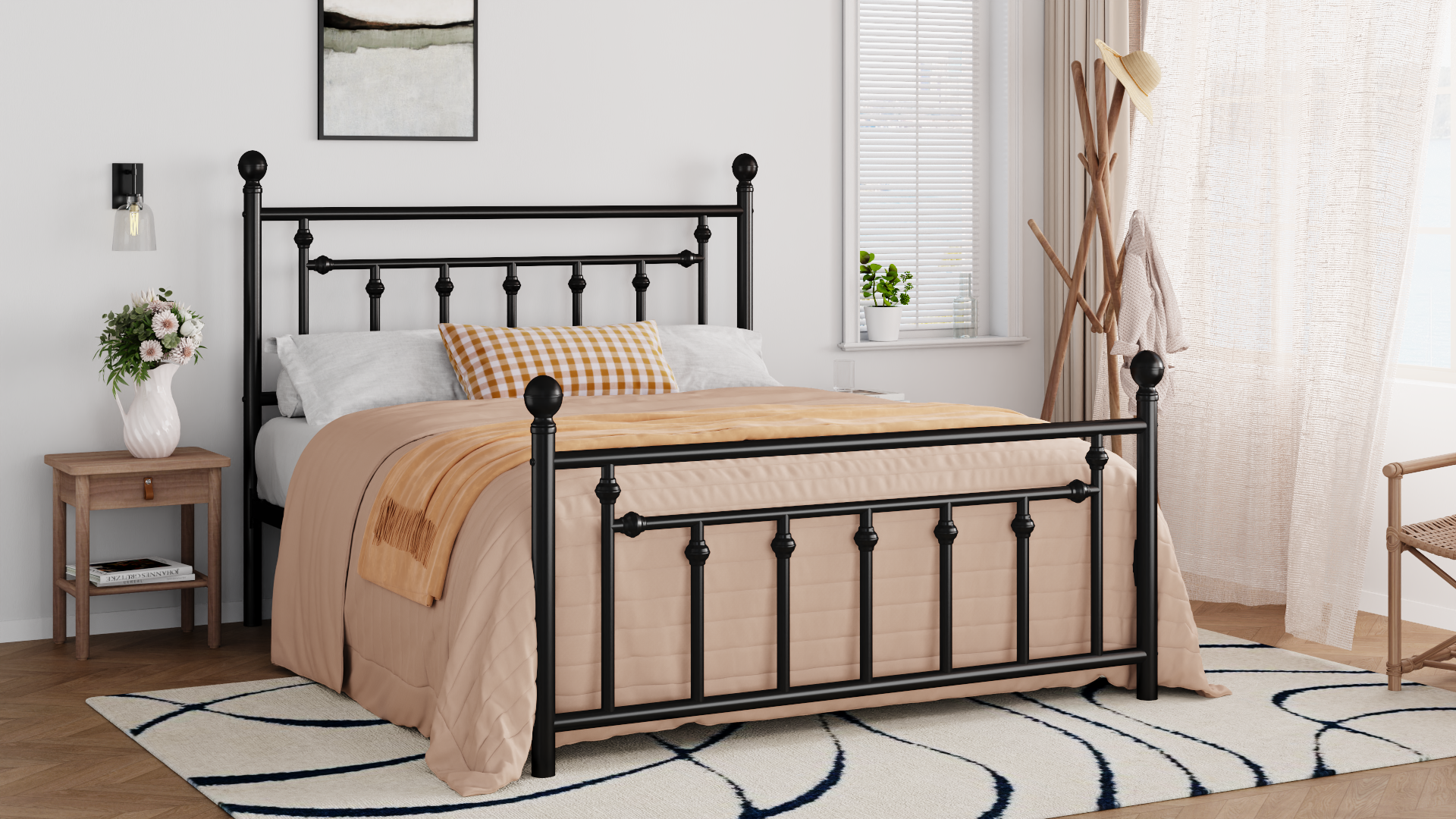 thumbnail video image 2 of Amolife Queen Bed Frame, Metal Platform Bed with Vintage Headboard & No Box Spring Needed, Black, 2 of 8