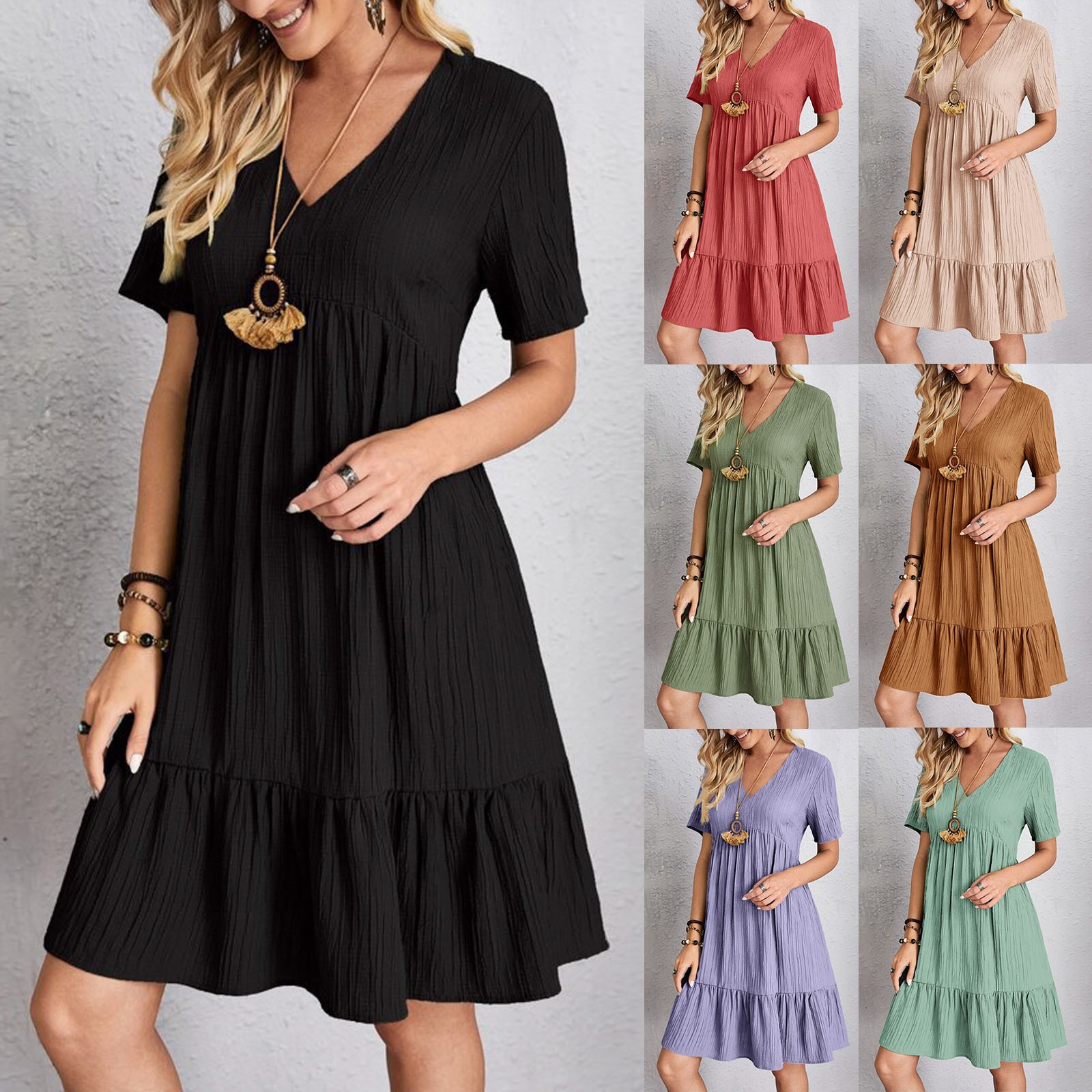 thumbnail video image 2 of IDALL Summer Dresses,Casual Dresses Women Casual Fashion Solid Color V Neck Short Sleeve Shirt Dress Petite Dresses,Modest Dresses,Womens Dresses Red Dress XL, 2 of 8