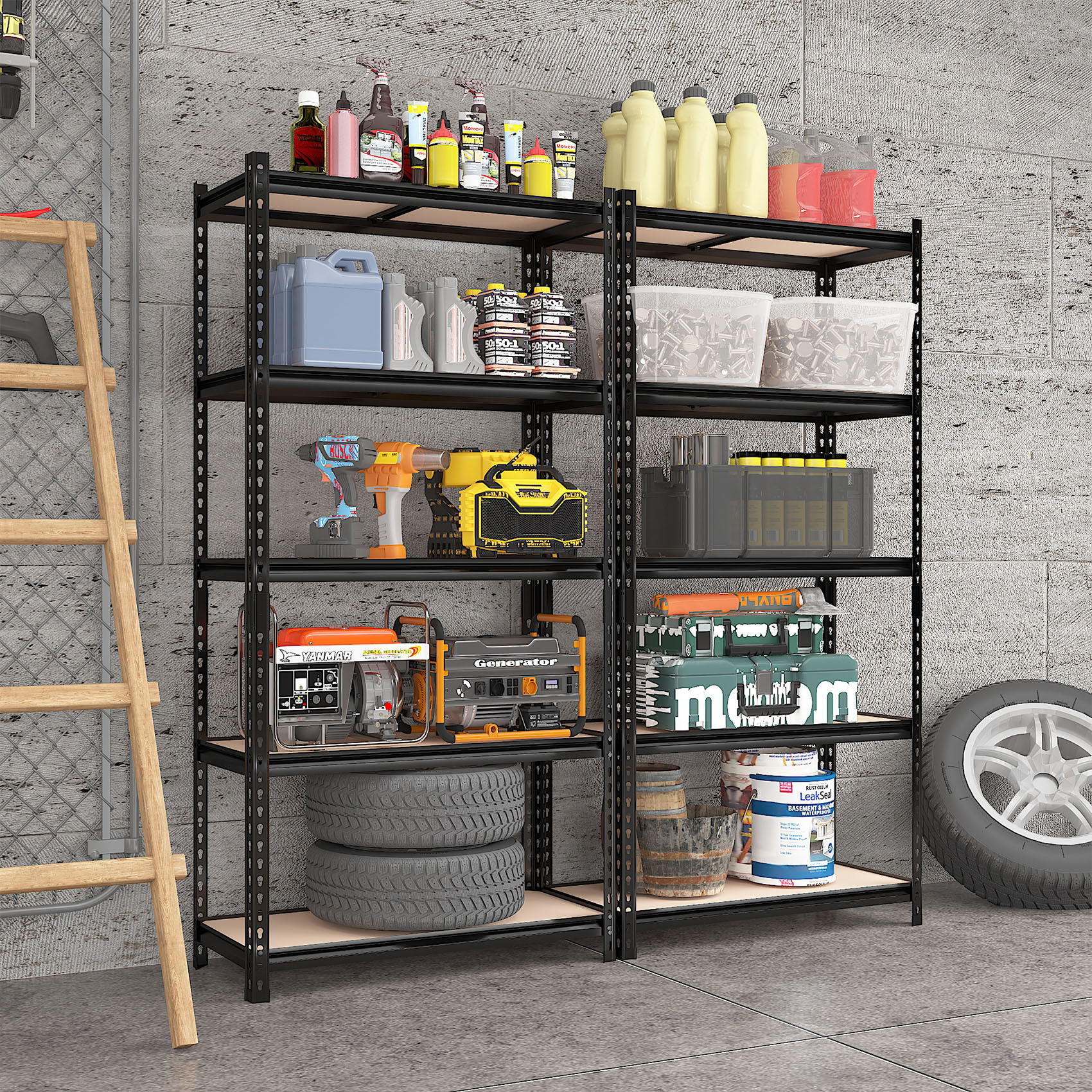 thumbnail video image 2 of 5-Tier Adjustable Storage Shelves , Heavy Duty Garage Shelving, 72"H x 35.55" W x 16" D , Ideal for Kitchen Pantry Basement Bathroom Closet, 2 of 10