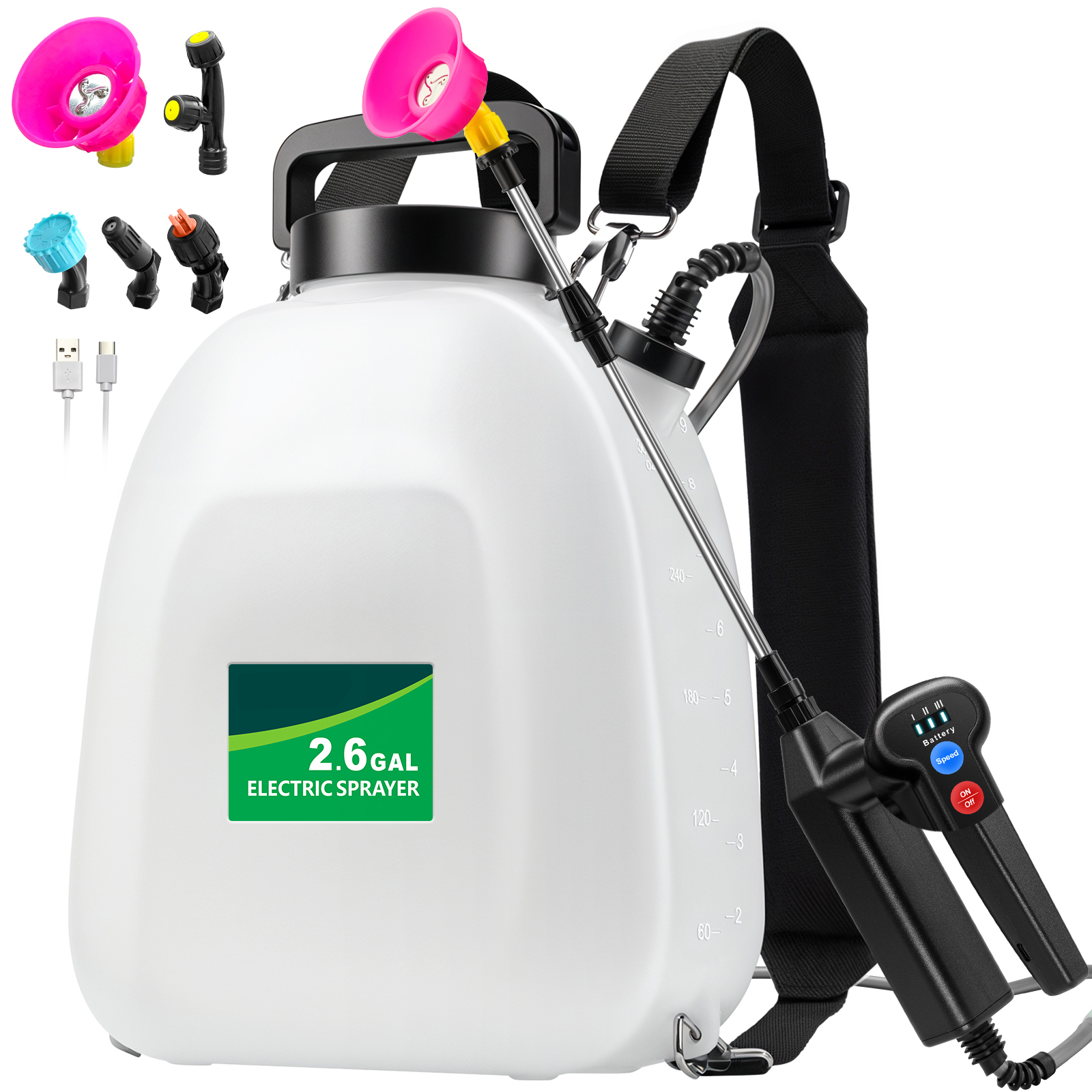 thumbnail video image 2 of 2.6 Gallon Backpack Sprayer Battery Powered, Electric Garden Sprayer with 3 Adjustable Forces, Battery Indicator, 5 Mist Nozzles, 41" Retractable Wand, Rechargeable Sprayer for Garden Lawn, 2 of 10