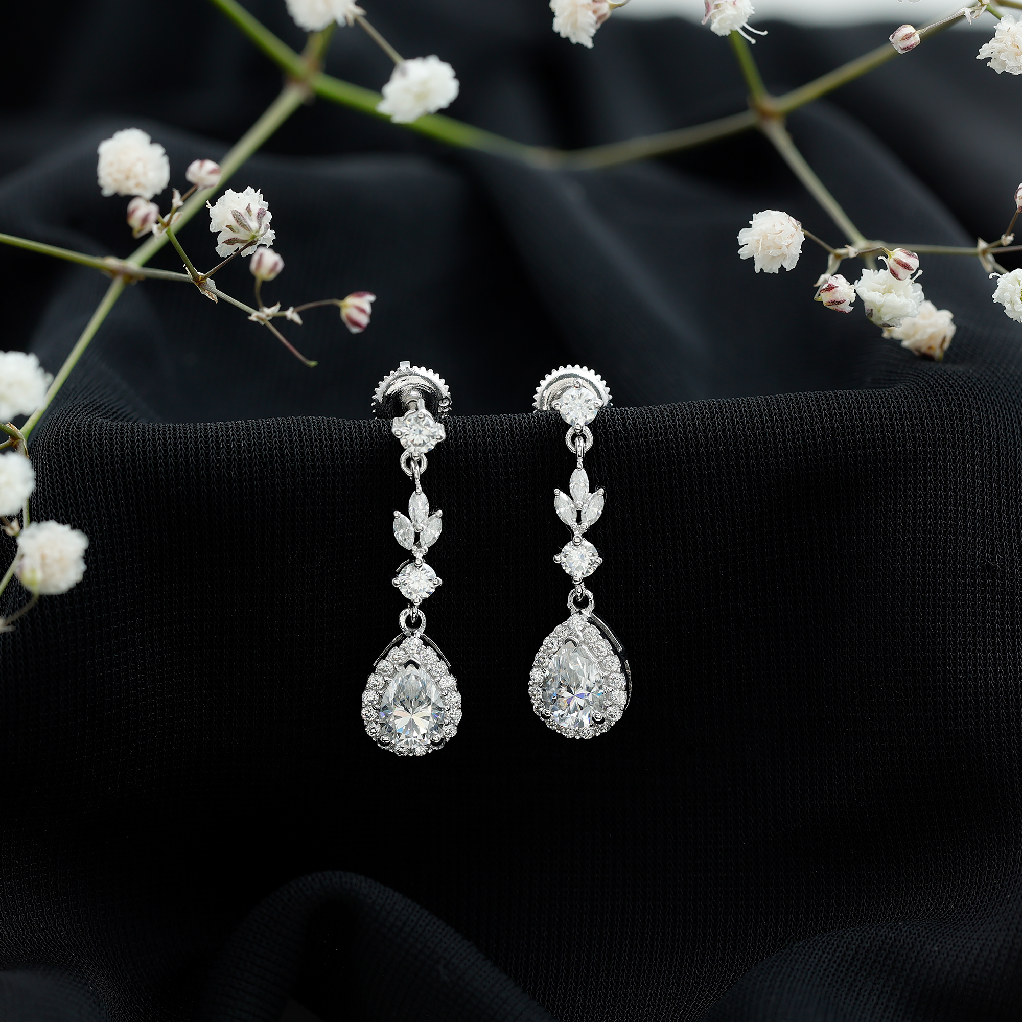 thumbnail video image 2 of Rosec Jewels Moissanite Dangle Earrings for Women - 5X7 mm Pear Shape Moissanite Earrings in Silver - D-VS1 Grade - Gift for Valentines, 2 of 7