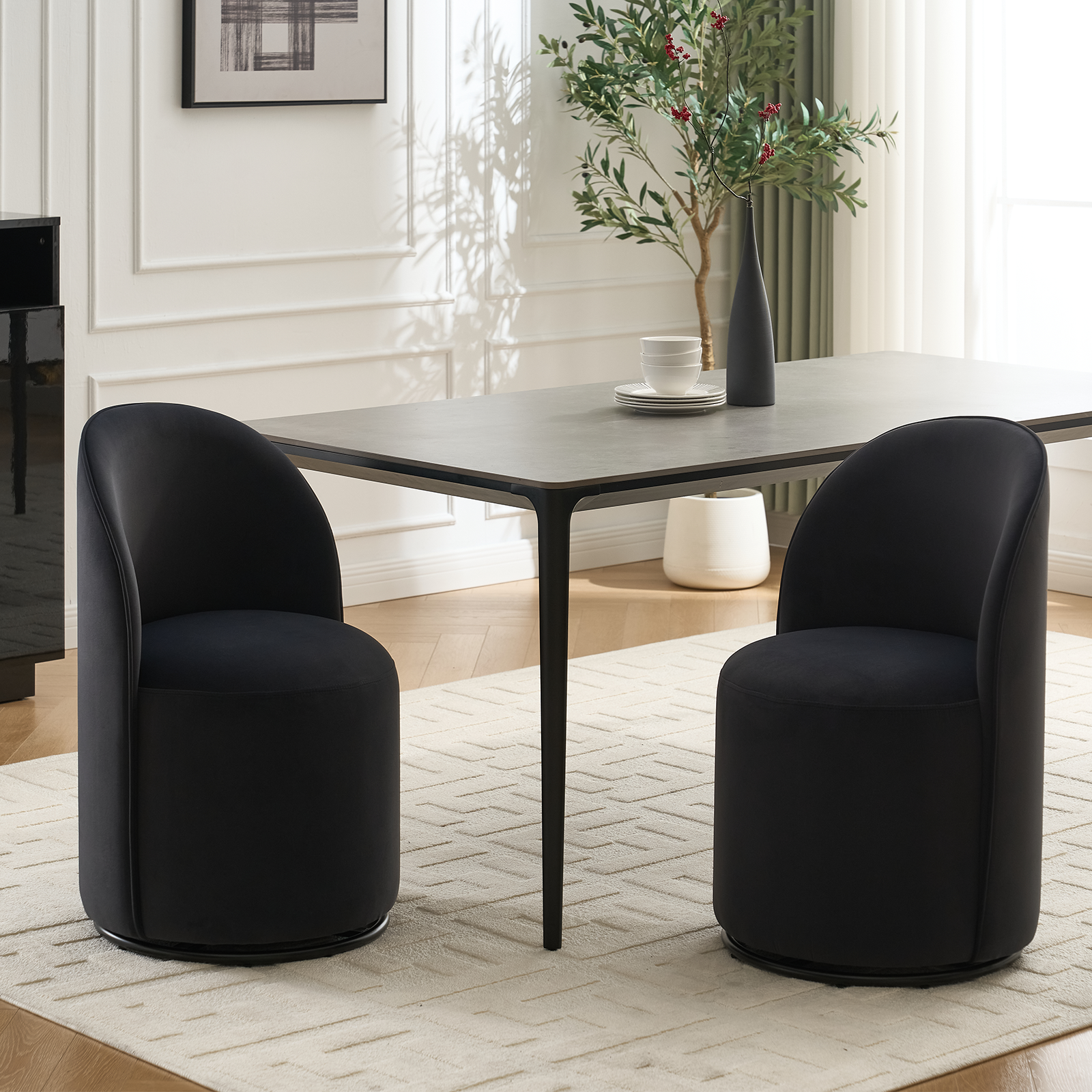 thumbnail video image 2 of TOSEE 360° Swivel Velvet Barrel Chair, High-Density Sponge Dining Chair, Non-Slip Metal Base and Kitchen & Accent Chair, Dark Grey, 2 of 12