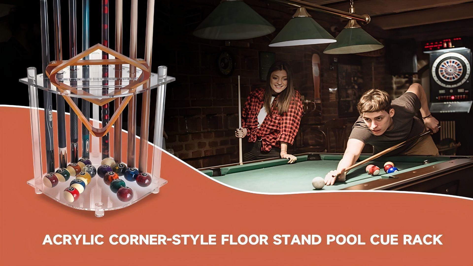 thumbnail video image 2 of GSE Games & Sports Expert Clear Acylic Corner-Style Floor Stand Billiard Pool Cue Racks. Holds 8 Pool Cue Sticks, 2 Pool Ball Racks, 16 Pool Balls, 2 of 8