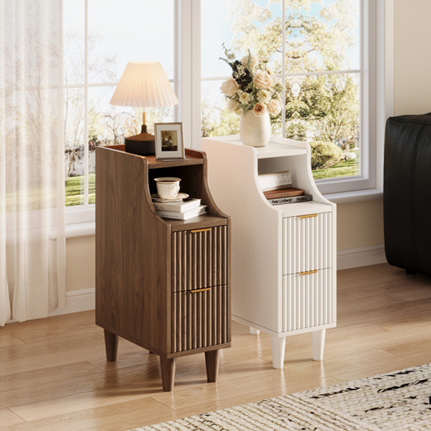 thumbnail video image 2 of UGTOO Set of 2 Nightstands with 2 Drawers and Open Shelf, Mid-Century Modern Slim End Side Table for Bedroom and Living Room, Walnut Finish with Gold Accents, 2 of 11