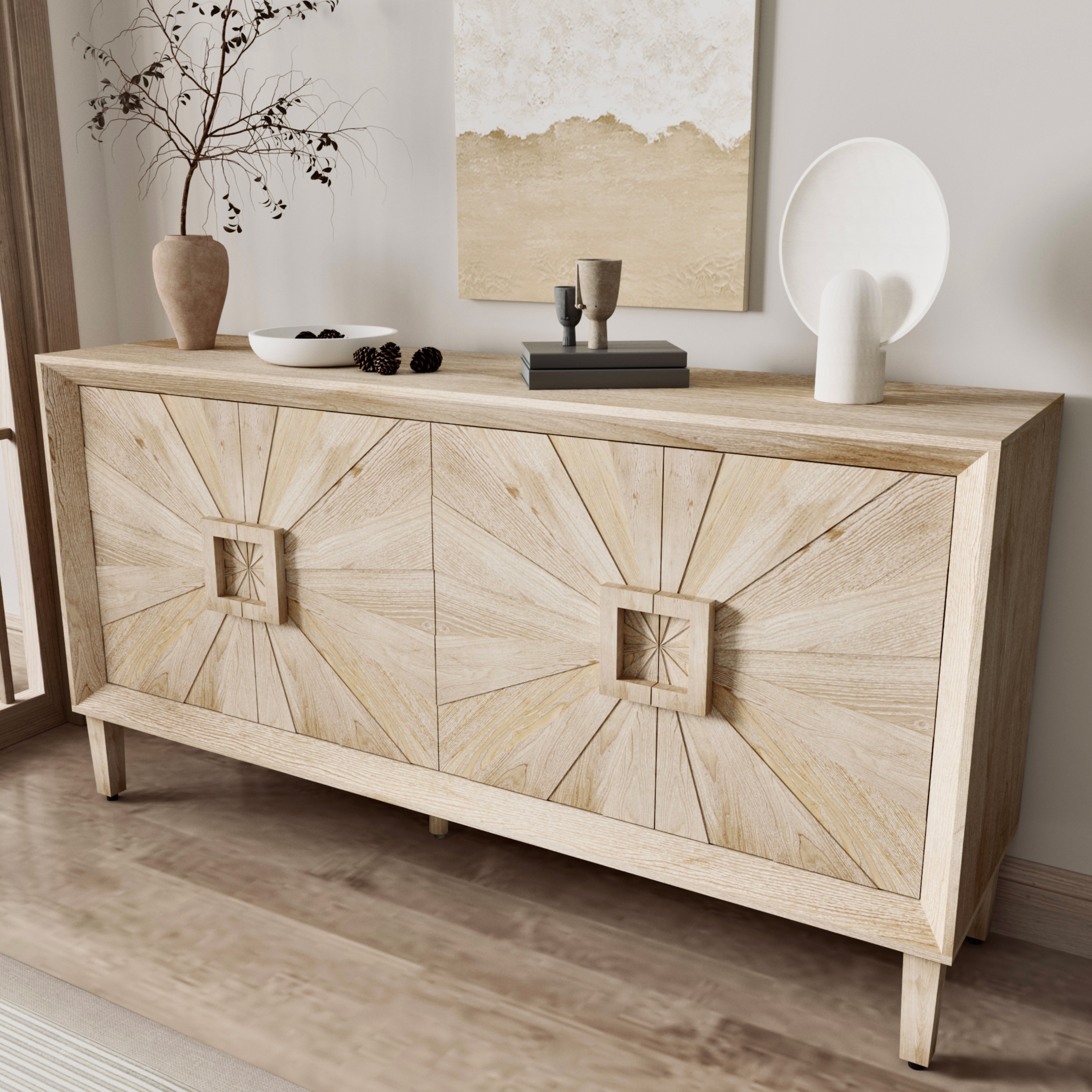 thumbnail video image 2 of Atumcto 60 Inch Rustic Sideboard Buffet Cabinet with Sunburst Doors, Storage Credenza with Adjustable Shelves for Living Room, Dining Room, Hallway, 2 of 11