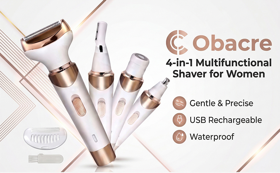 thumbnail video image 2 of Obacre 4 in 1 Electric Razors for Women, Shaver for Women, Trimmer for Women, Lady Electric Bikini Shaver for Women Pubic Hair,Portable Rechargeable Women Face Shavers for Face, Underarm and Legs, 2 of 10