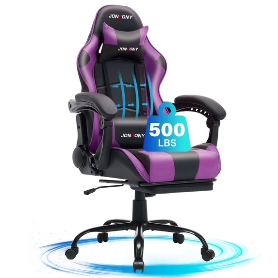 thumbnail video image 2 of JONPONY Big and Tall 500LBS Gaming Chair, Ergonomic Design, Gamer Chair PU Leather with Footrest and Lumbar Support, High Back Office Chair Support, Long Sitting Computer Chair, Purple, 2 of 9