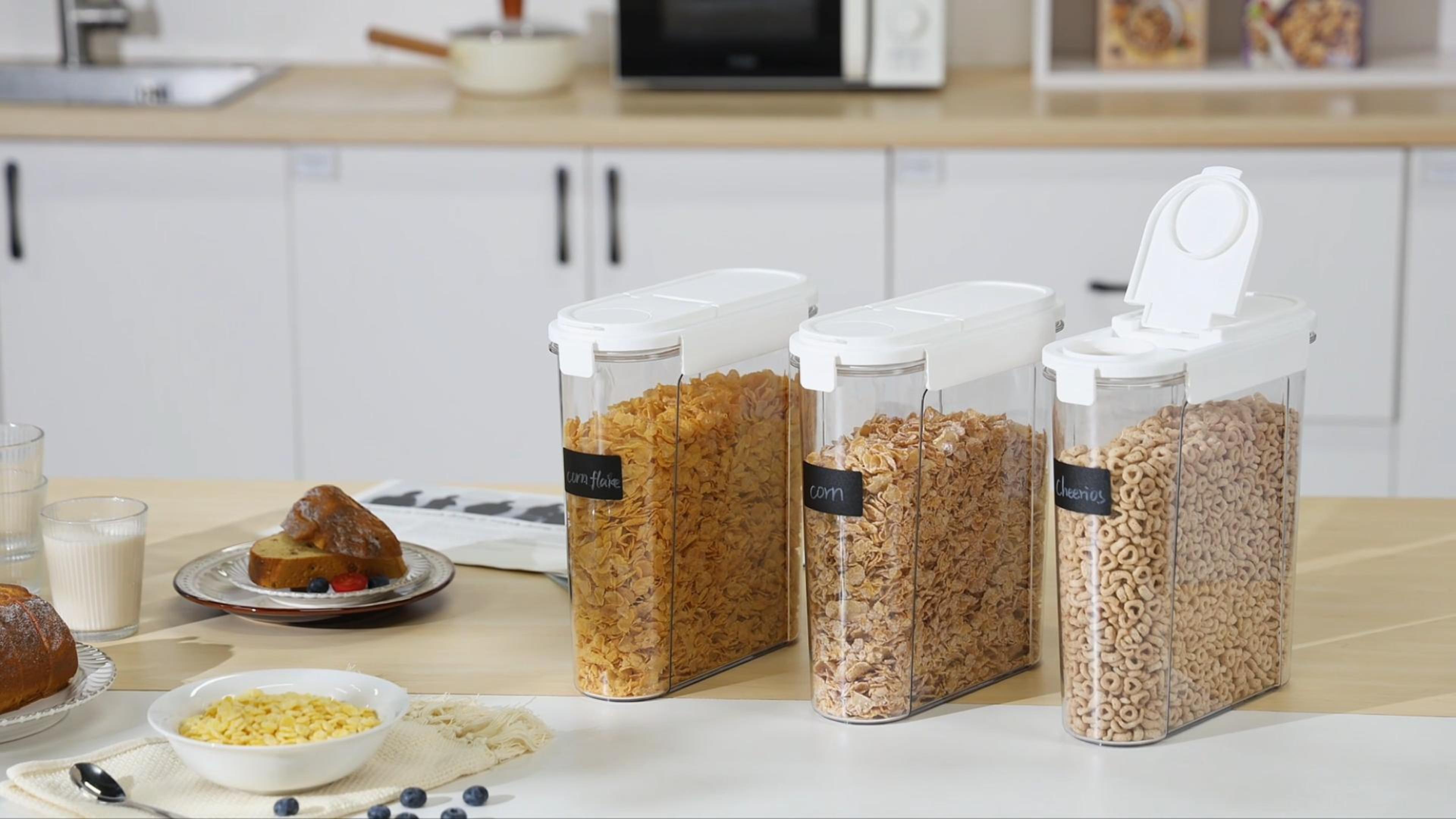 thumbnail video image 2 of Cereal Storage Container Set of 4, Sindcom Airtight Food Storage Containers, 135.2 fl oz, Black, 2 of 8