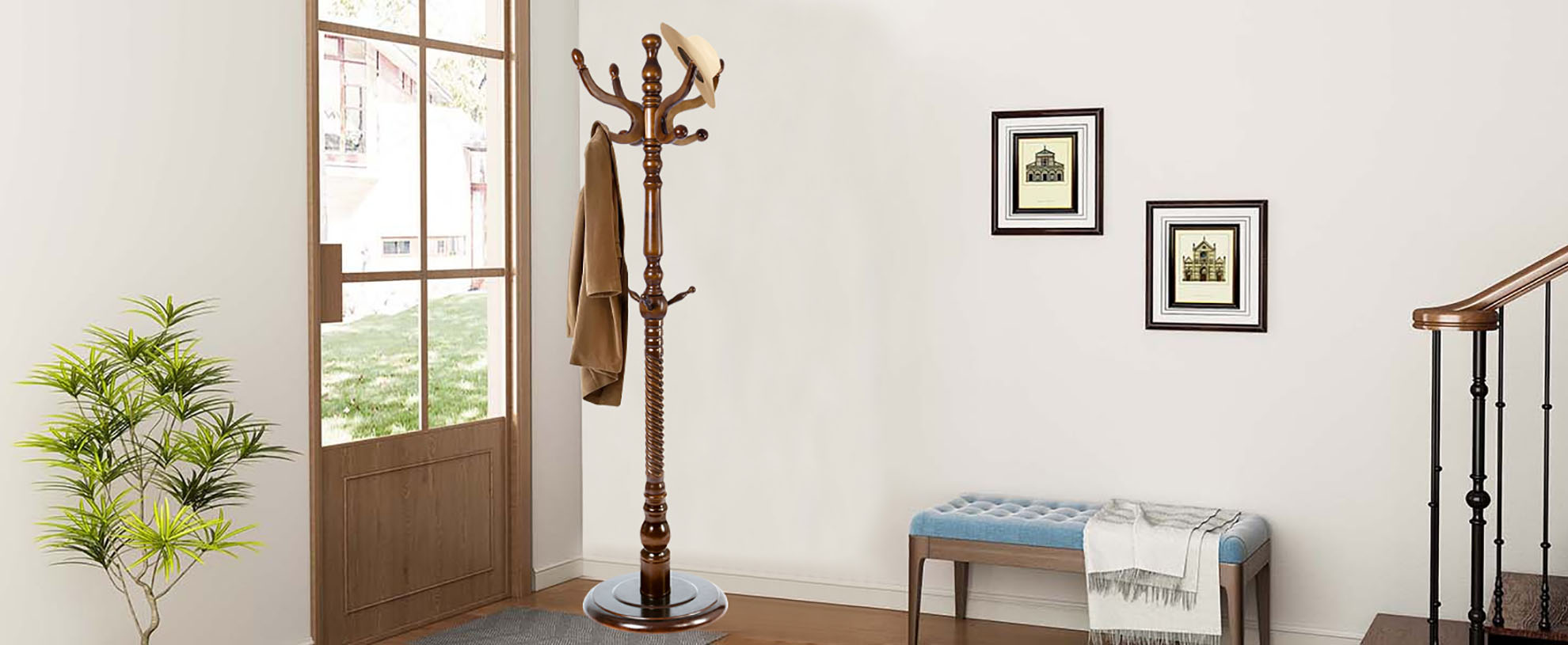 thumbnail video image 2 of XXLYY 75" Wooden Coat Rack Freestanding - Adjustable Hall Tree Stand with 14 Hooks & stable Base, Heavy Duty Coat Hanger for Entryway, Bedroom, Living Room, office, 2 of 8