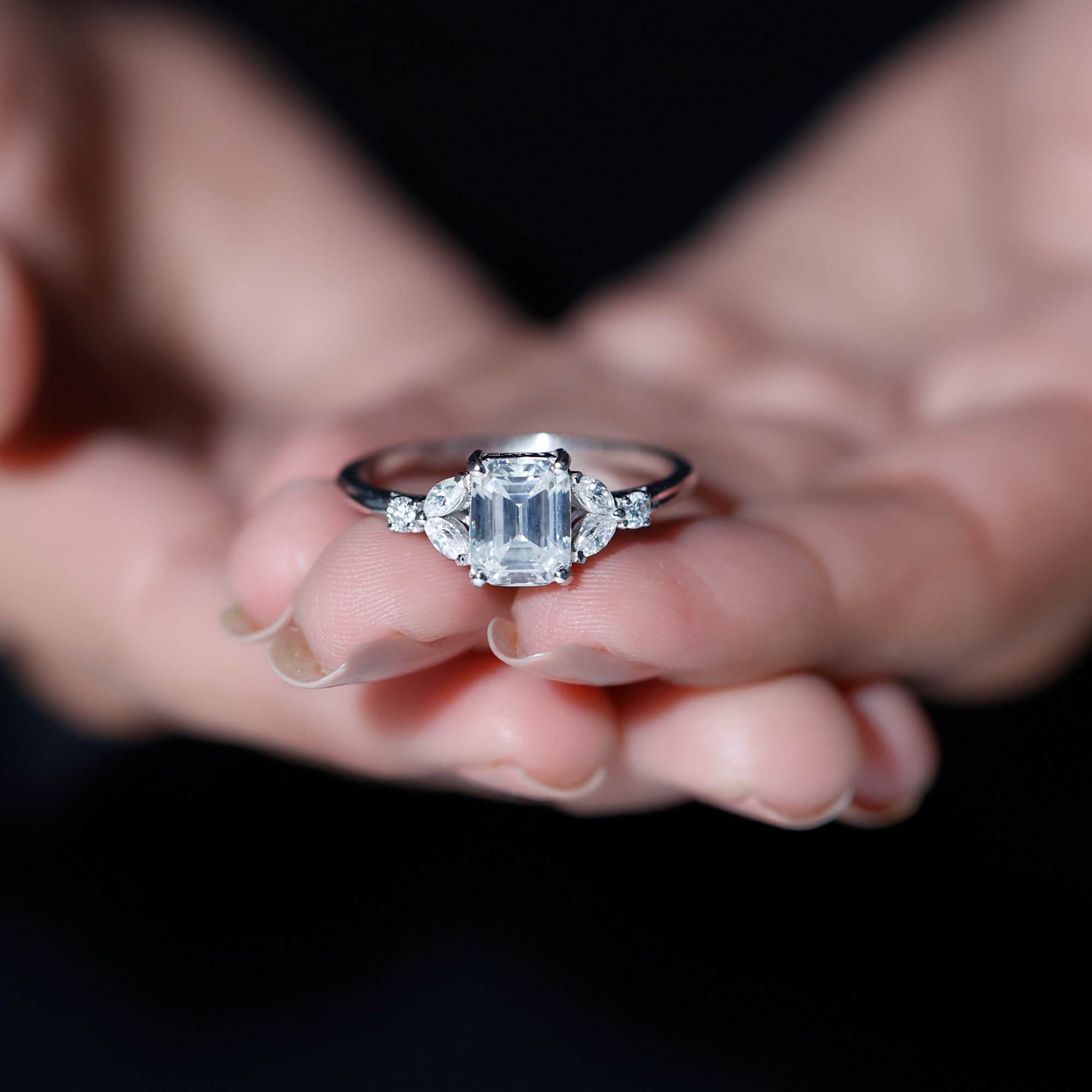 thumbnail video image 2 of Designer Moissanite Engagement Ring - 7X9 mm Emerald Cut Moissanite Ring - D-VS1 Grade, 14K White Gold, US 8.00, 2 of 8