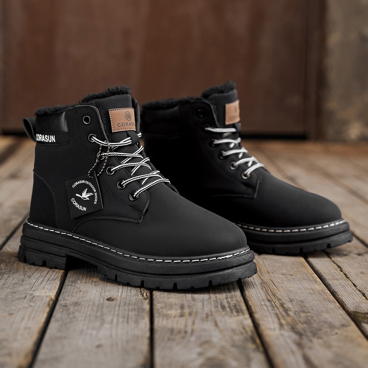 thumbnail video image 2 of Thermal Insulated CORASUN Snow Boots for Cold Weather | Khaki & Black Anti-Skid Utility Boot | Rainproof Comfort Ankle Workwear, 2 of 8