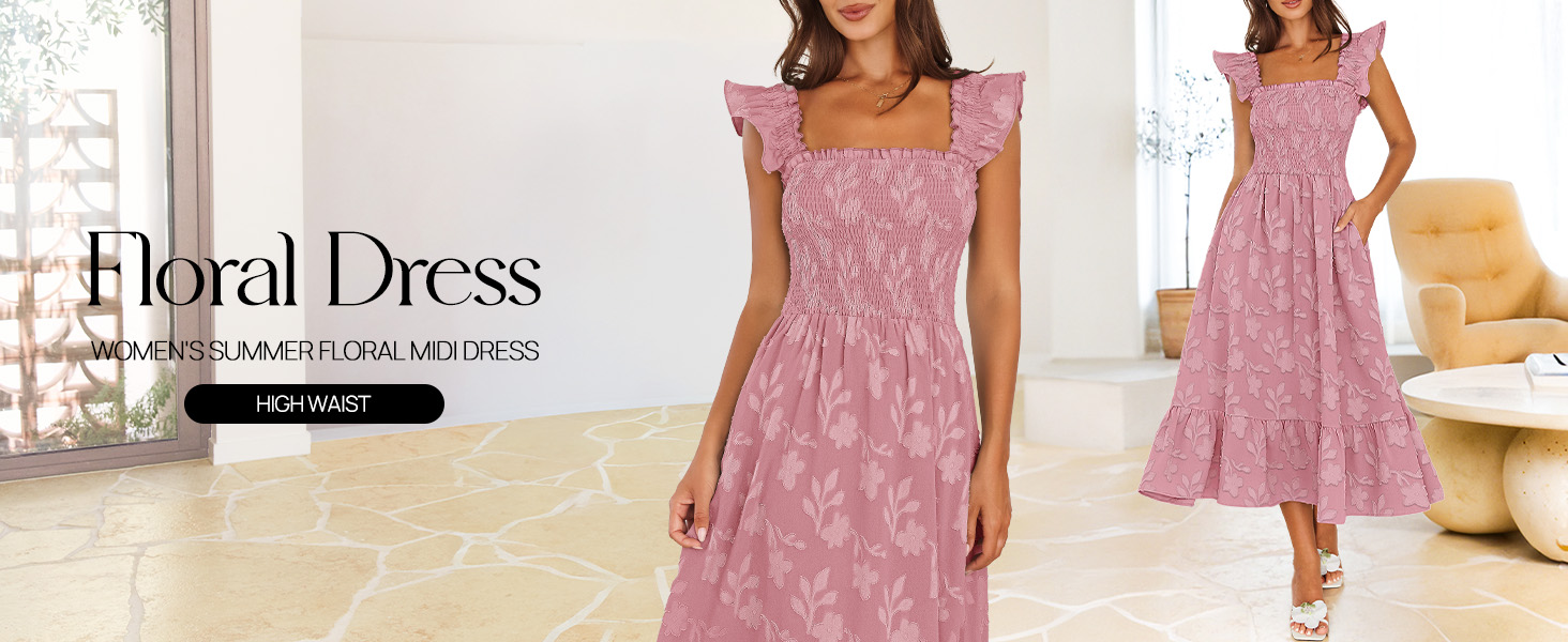 thumbnail video image 2 of Merokeety Womens Summer Dresses Floral Square Neck Smocked Ruffle A Line Midi Dress With Pockets Apricot l, 2 of 5