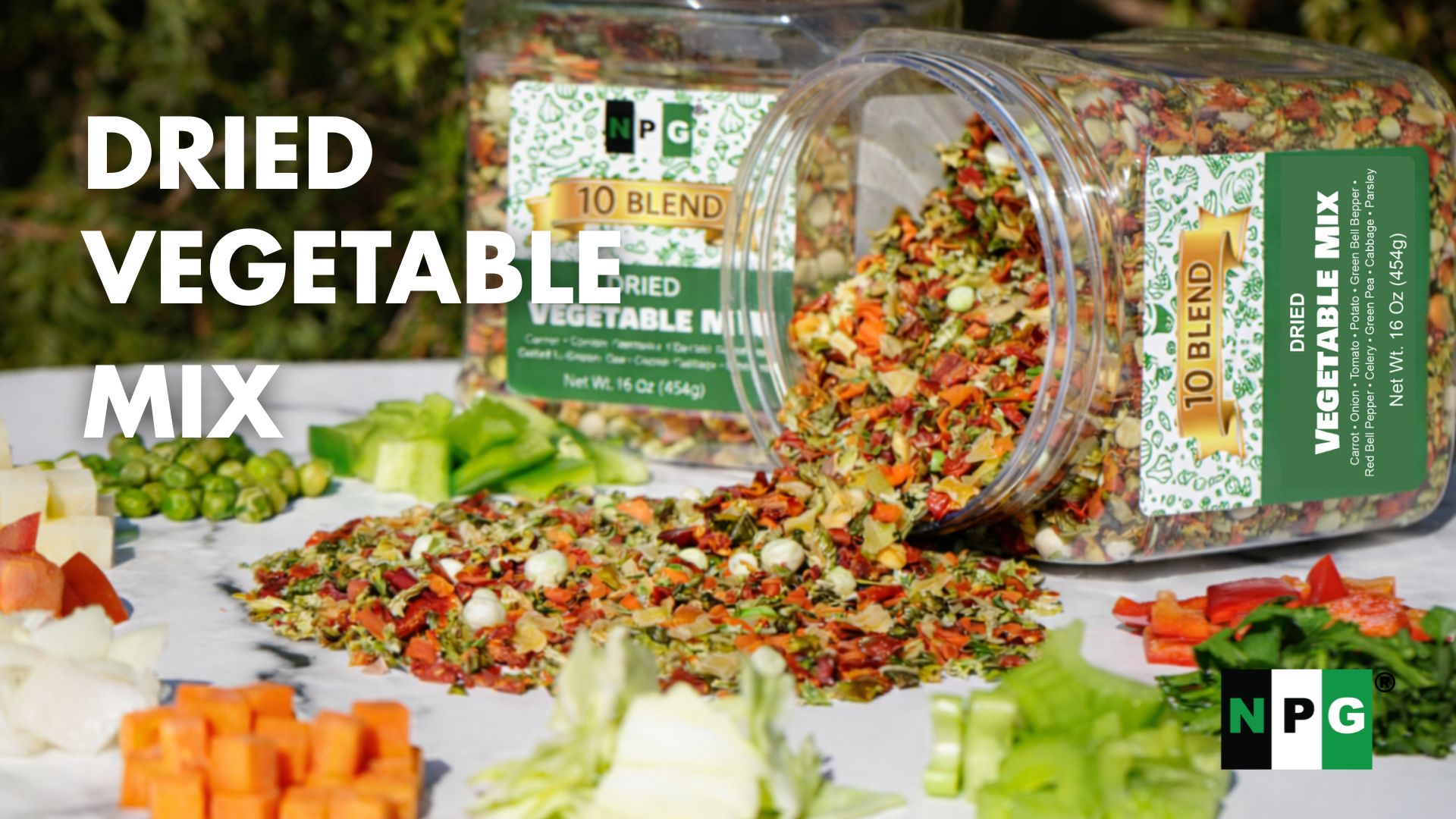 thumbnail video image 2 of NPG Dried Vegetable Mix 16 oz (1 LB), Dehydrated Veggies for Soup, Ramen, Stir Fry & Cooking, Carrots, Onions, Tomatoes, Potatoes, Bell Peppers, Celery, Peas, Cabbage & Parsley, 2 of 9