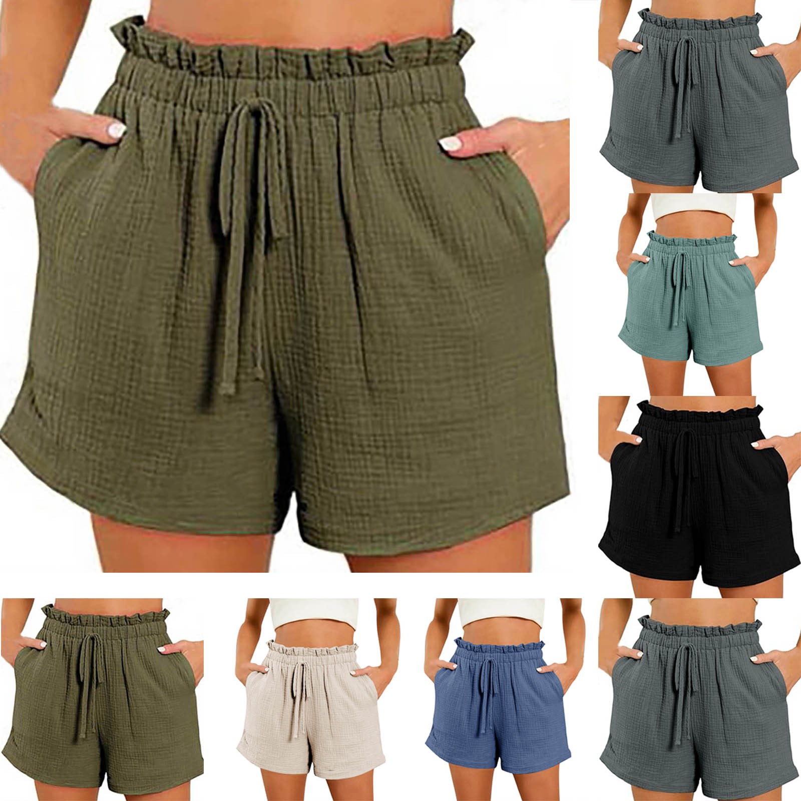thumbnail video image 2 of WREESH Casual Spring and Summer Solid Comfortable Bandage Elastic Waist Womens Shorts Pockect New Fashion Short Pants Green, 2 of 5