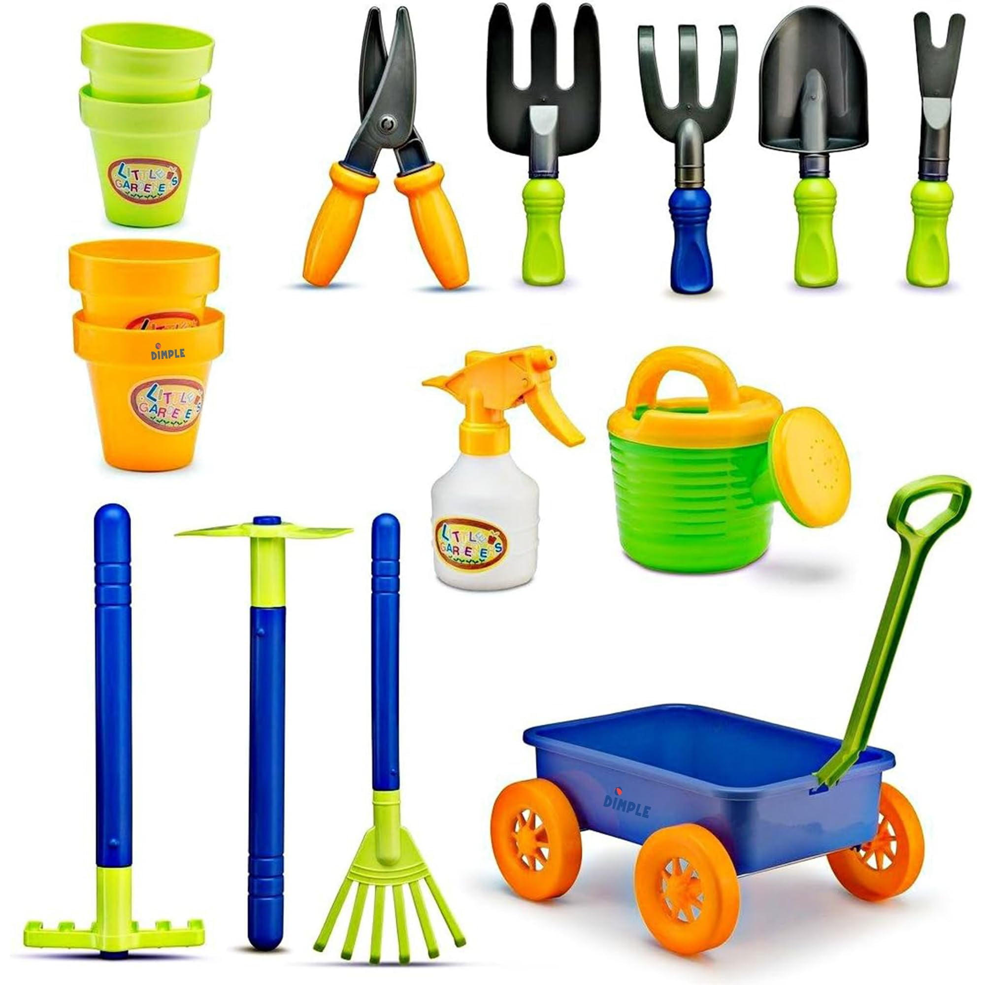 thumbnail video image 2 of Dimple 15-Piece Garden Wagon and Tools Toy Set with Pots, Watering Pail and Spray Bottle, 2 of 9
