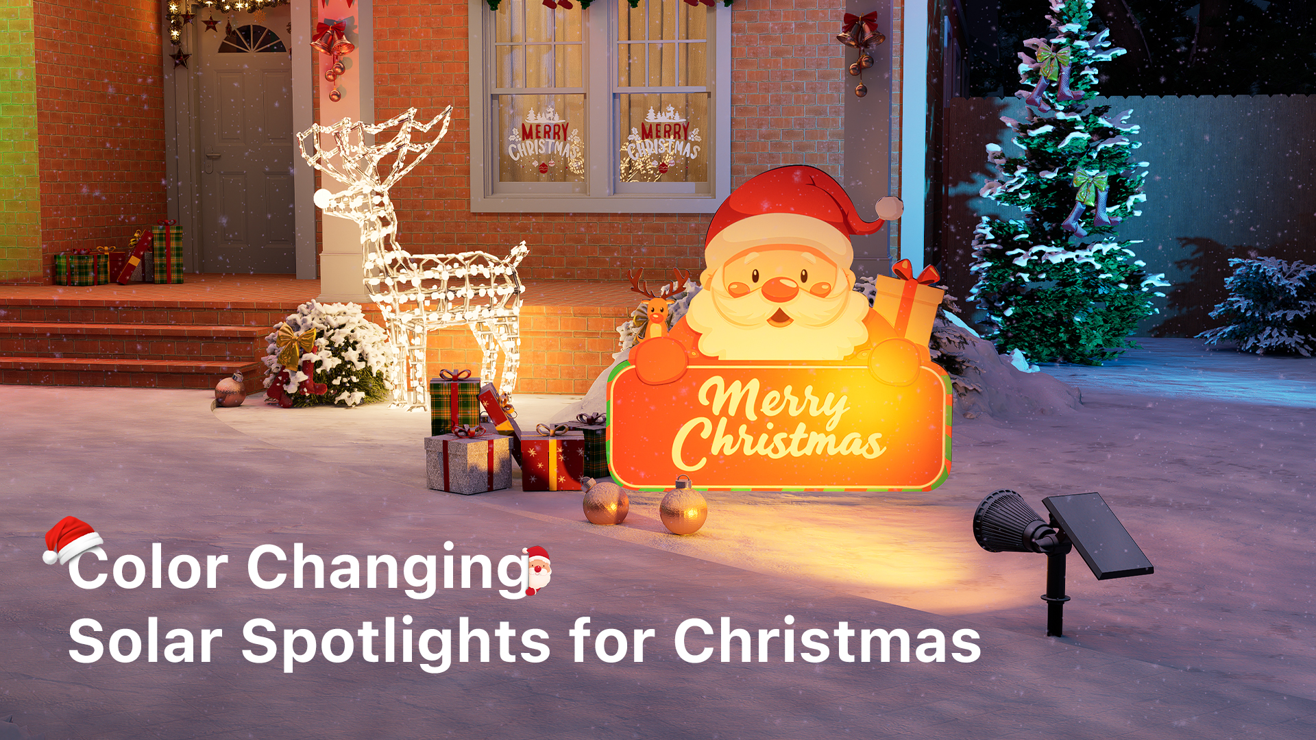 thumbnail video image 2 of Yinghao 4 Pack Color Change Solar Spotlights Outdoor Waterproof Led Landscape Spot Light Uplighting for Halloween Decoration, Wreath, Santa Claus, Elk, 2 of 11