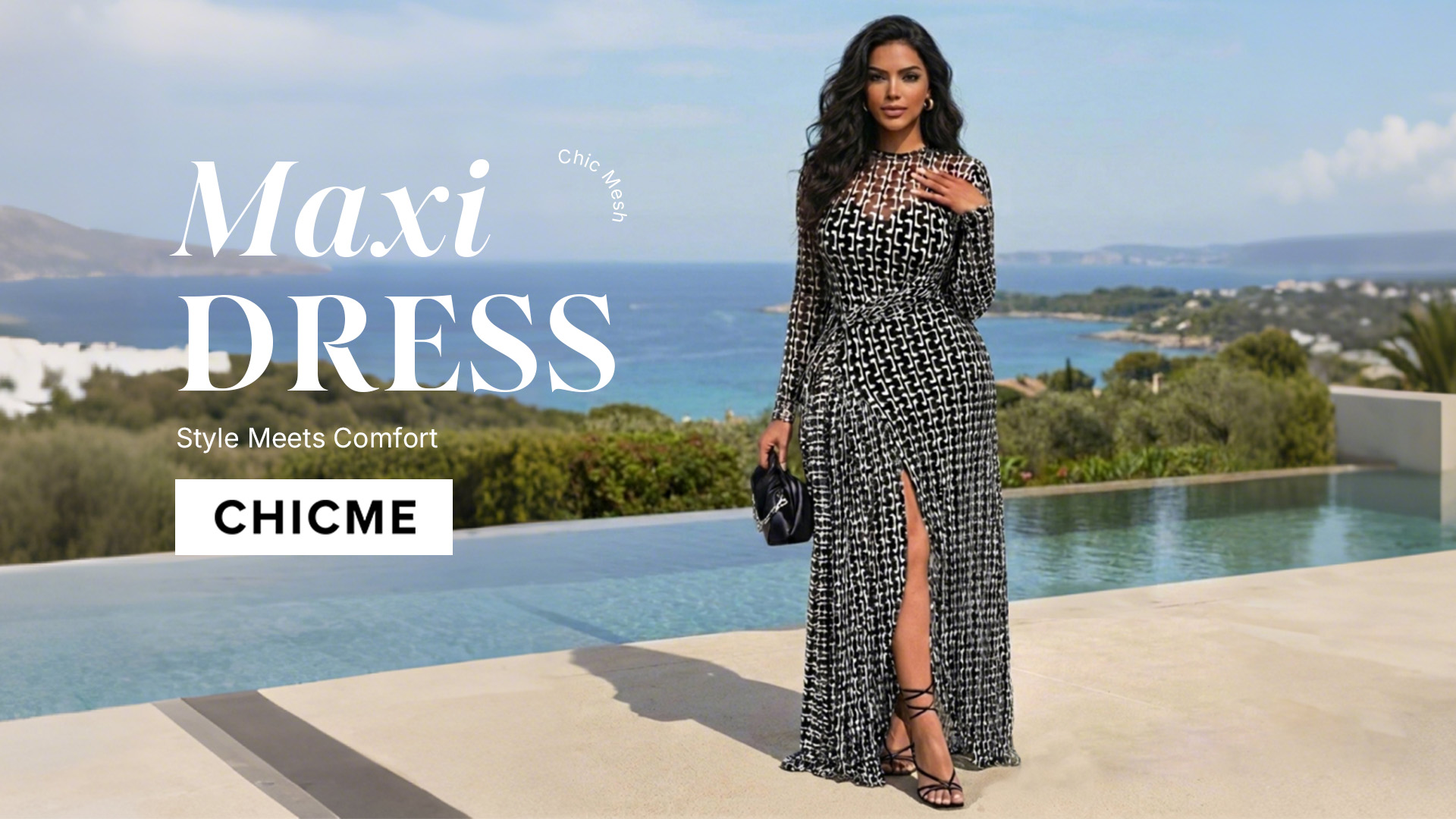 thumbnail video image 2 of CHICME 2 Piece Dresses Sets for Women Geometric Print Sheer Long Sleeve Tie Waist Maxi Dress with Strap Mini Dress Black-S, 2 of 9