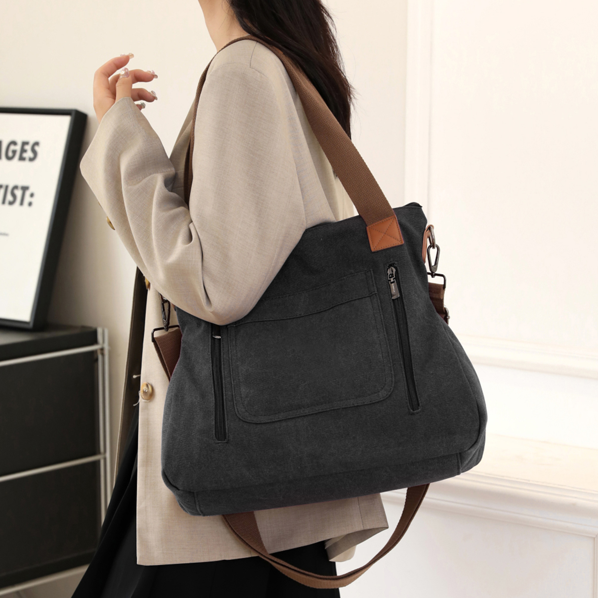 thumbnail video image 2 of NEYRAT Canvas Messenger Bag Large Capacity Hobo Tote Bag Multi-Pocket Casual Purse Crossbody Shoulder Bags Work Travel for Women, 2 of 7