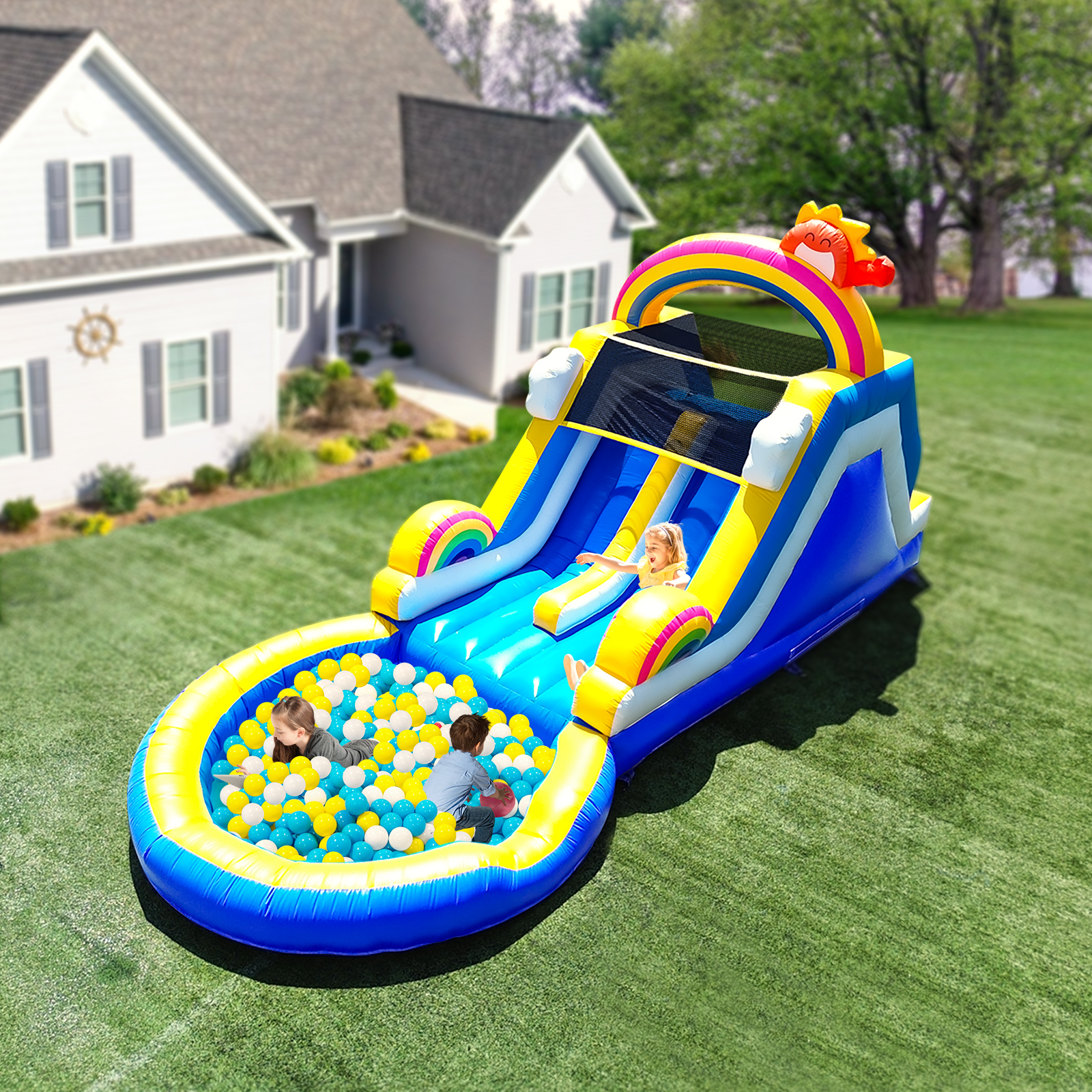 thumbnail video image 2 of Relunch 24FT PVC Inflatable Double Water Slide with Pool & Climbing Wall, Backyard Water Park w/ Blower for Kids Party 24x11x12ft, 2 of 12