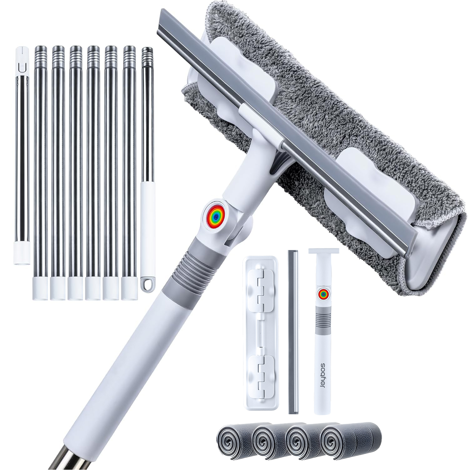 thumbnail video image 2 of Maoface Window Squeegee with Long Handle, 2-in-1 Window Cleaning Tool with Scrubber, 360° Rotating Head and 4 Microfiber Cloths, 2 of 15