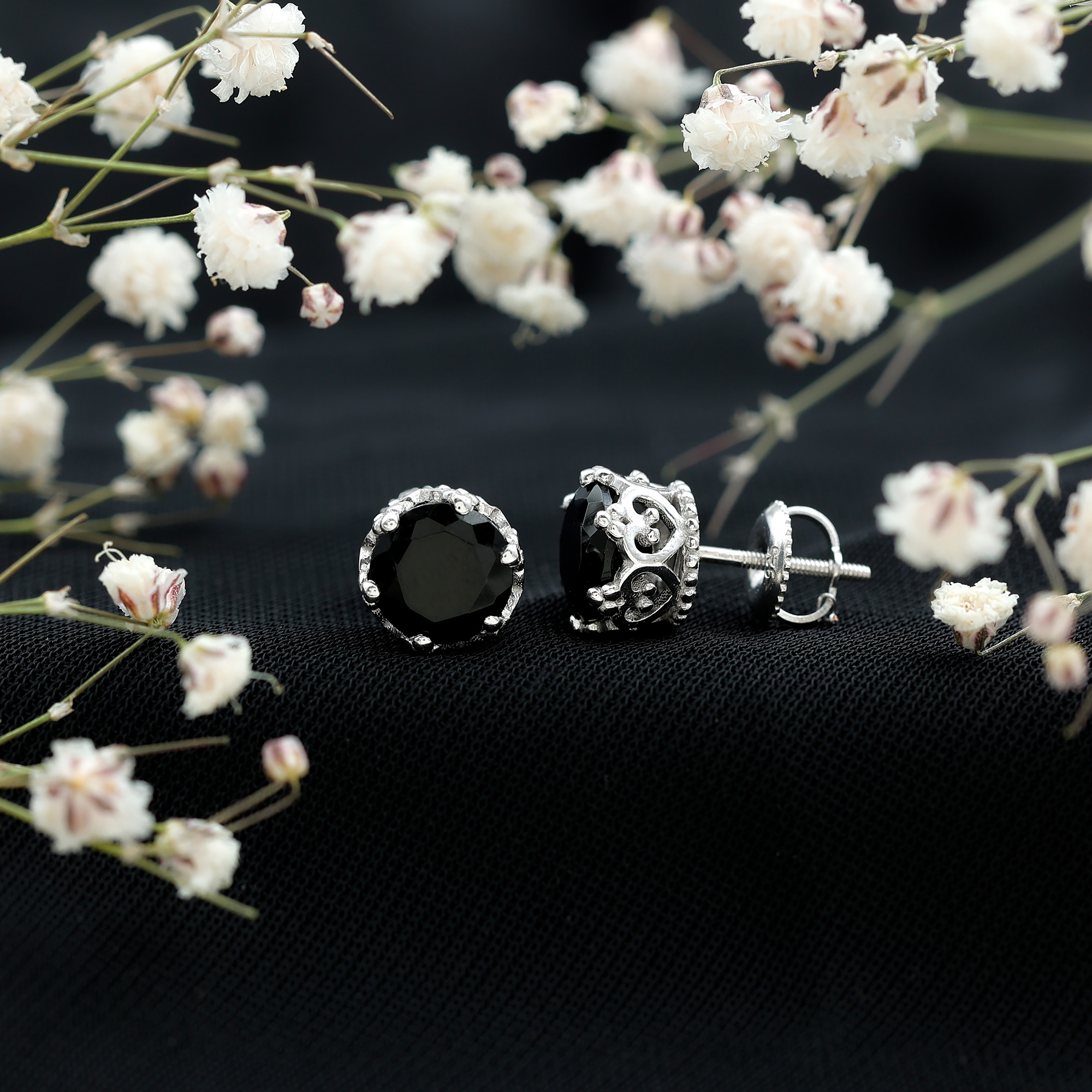 thumbnail video image 2 of Rosec Jewels 6 MM Black Spinel Solitaire Crown Stud Earrings, 10K White Gold, 2 of 7