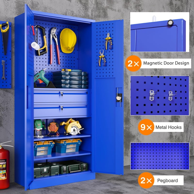 thumbnail video image 2 of Fesbos Metal Storage Cabinet with Multifunctional Pegboard, 71" Steel Utility Cabinet with Adjustable Shelves and Doors, Double Lockable Garage Cabinets with 2 Drawer, 2 of 7