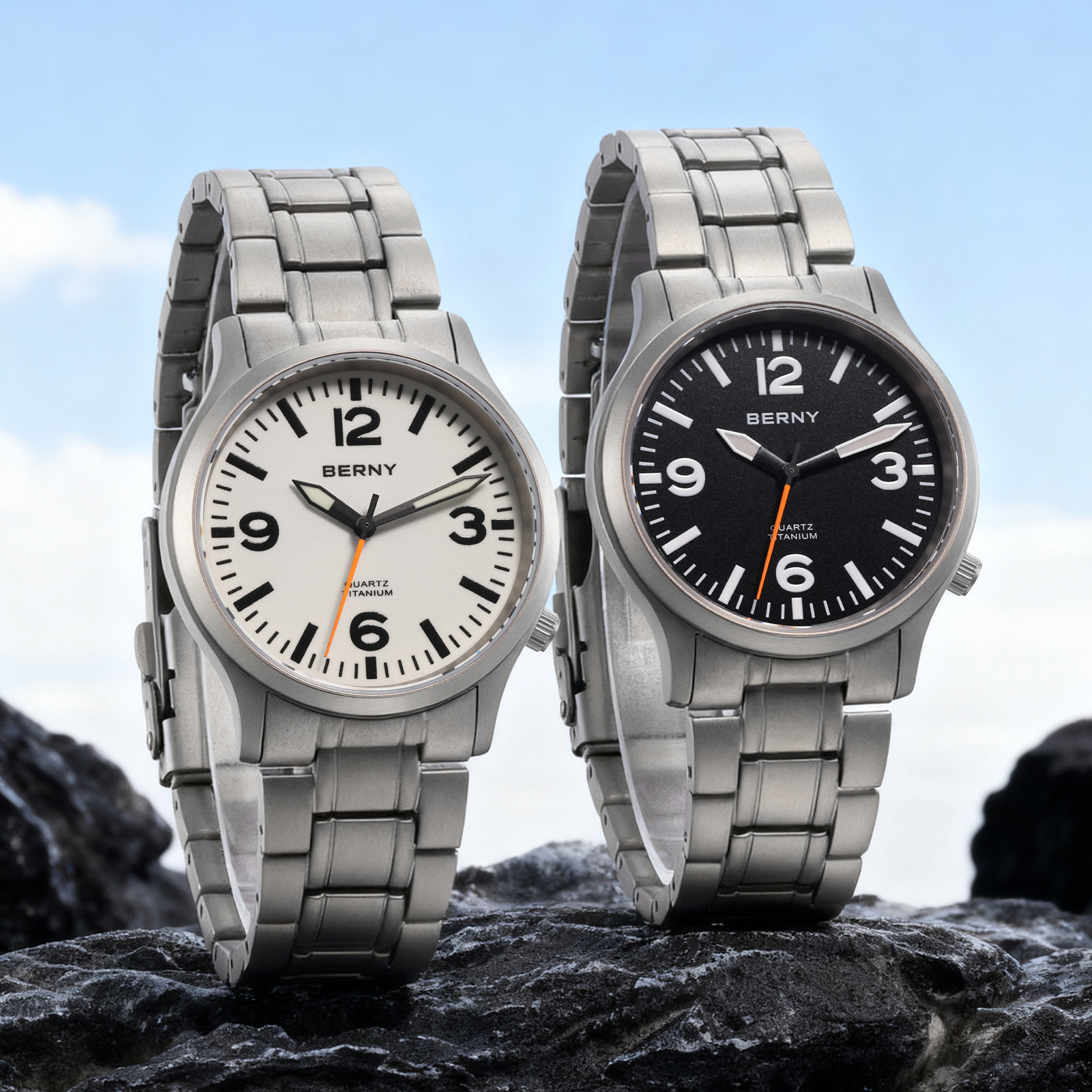 thumbnail video image 2 of BERNY Watches for Men Military Sport Titanium Field Watch with Sapphire Crystal Luminous Fashion Analog Quartz Watch Easy to Read 50M Waterproof Army Tactical Casual Wristwatch (Black), 2 of 13