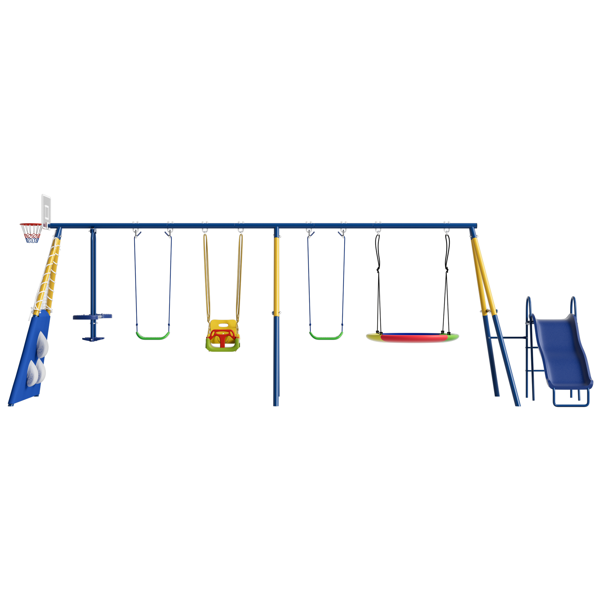 thumbnail video image 2 of 8 in1 Swing Sets for Backyard with Kids Slide Outdoor Heavy-Duty Metal Playset for Kids 550lbs Swing Set with Slide, Saucer Seat, 2 Belt Seat, Soccer Goals, Glider,Baby Swing Set and Baketball Hoop, 2 of 16