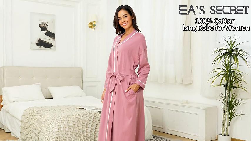 thumbnail video image 2 of EA'S SECRET 100% Cotton Womens Long Robe Lightweight Kimono Bath Robe with Pockets(Dusty Rose,XL), 2 of 9