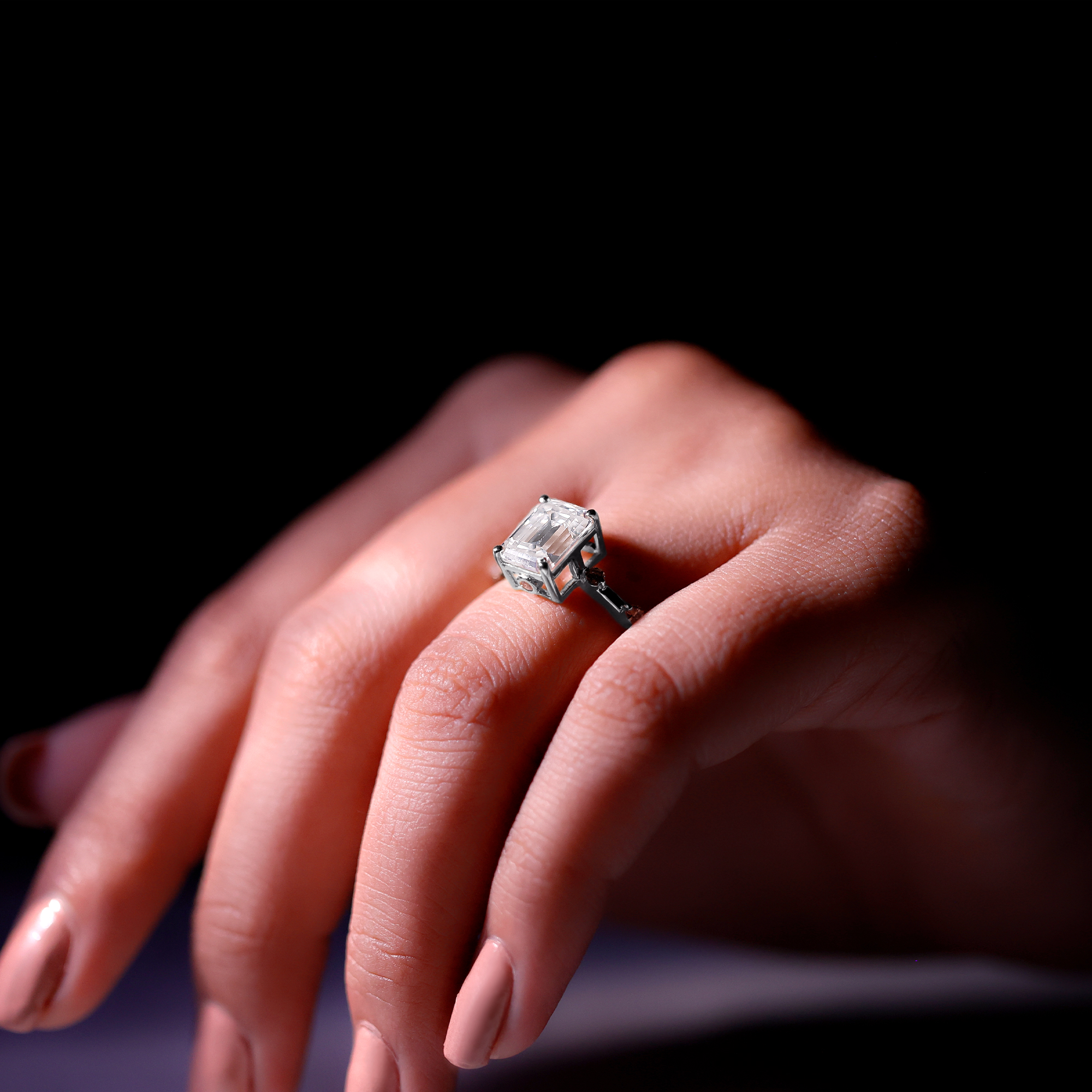 thumbnail video image 2 of Rosec Jewels Sterling Silver Emerald Cut Engagement Ring (7x9 mm, 925 Stamped) - D-VS1 Quality 2 Ct Moissanite Ring for Women, US 5.00, 2 of 9