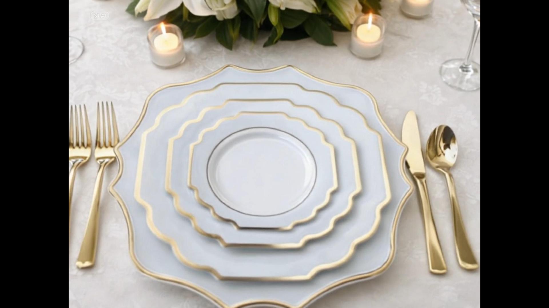 thumbnail video image 2 of " OCCASIONS " 40 Pieces Pack, Heavyweight Disposable Wedding Party Plastic Plates (8'' Appetizer/Dessert Plate, Imperial Blush & Gold), 2 of 10