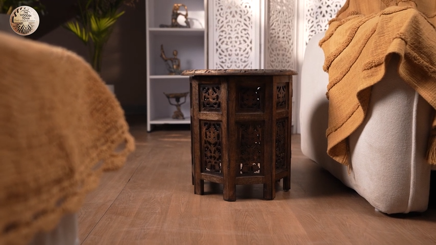 thumbnail video image 2 of Round Wood Coffee Table - 18” Carved Small Accent Side Table with Burnt Finish, Wooden Altar Table, 18” Round Top x 18” Height, Perfect End Table for Living Room Décor, 2 of 6