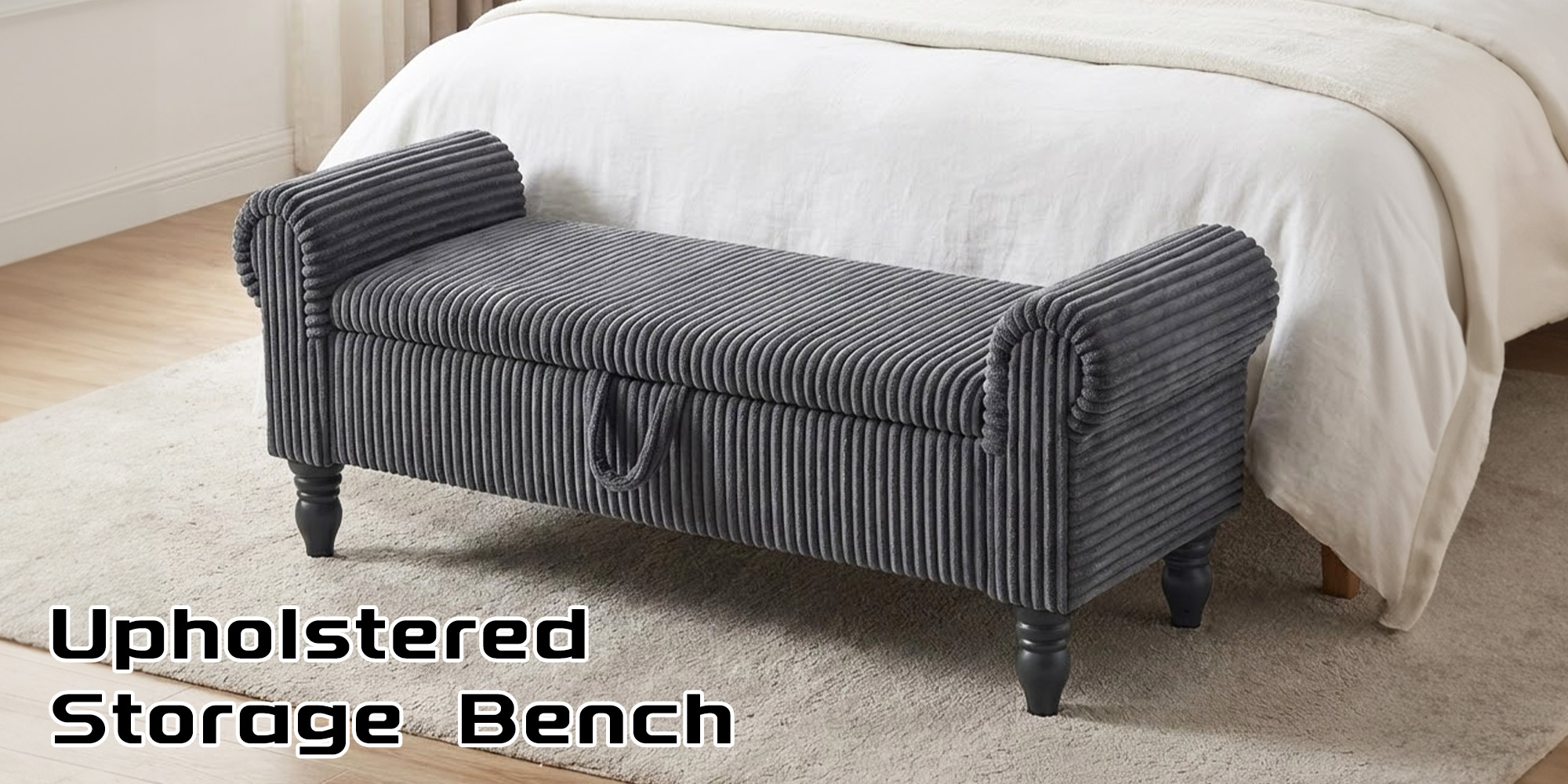 thumbnail video image 2 of ATOMSPACE 51.5''W Bedroom Storage Bench, Modern Corduroy Upholstered Bench with Rolled Arms for Entry way, Dark Gray, 2 of 14