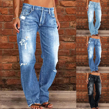 thumbnail video image 2 of hcuribad Jeans for Women,2024 Hot Women's Fashionable Mid-Waist Distressed Casual Straight-Leg Denim Long Pants,Barrel Jeans,Women's Pants,Tummy Control Jeans,() Light Blue 4XL, 2 of 5