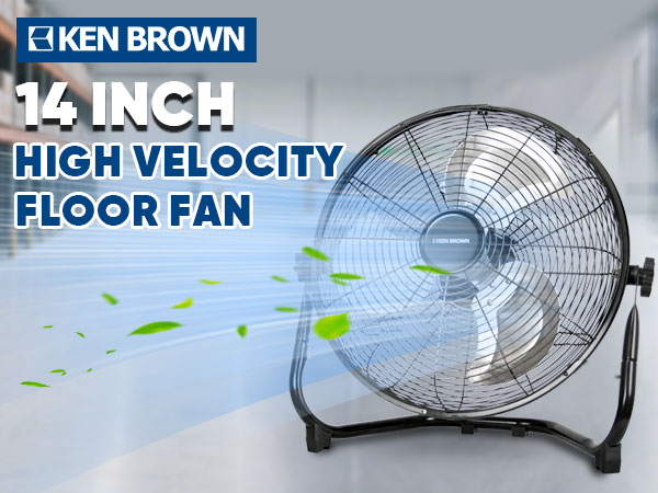 thumbnail video image 2 of KEN BROWN 14 Inch High Velocity Floor Fan, 3-Speed Adjustable, 360° Tilting, Metal, for Bedroom, Office, Home, Indoor Use, 2 of 9