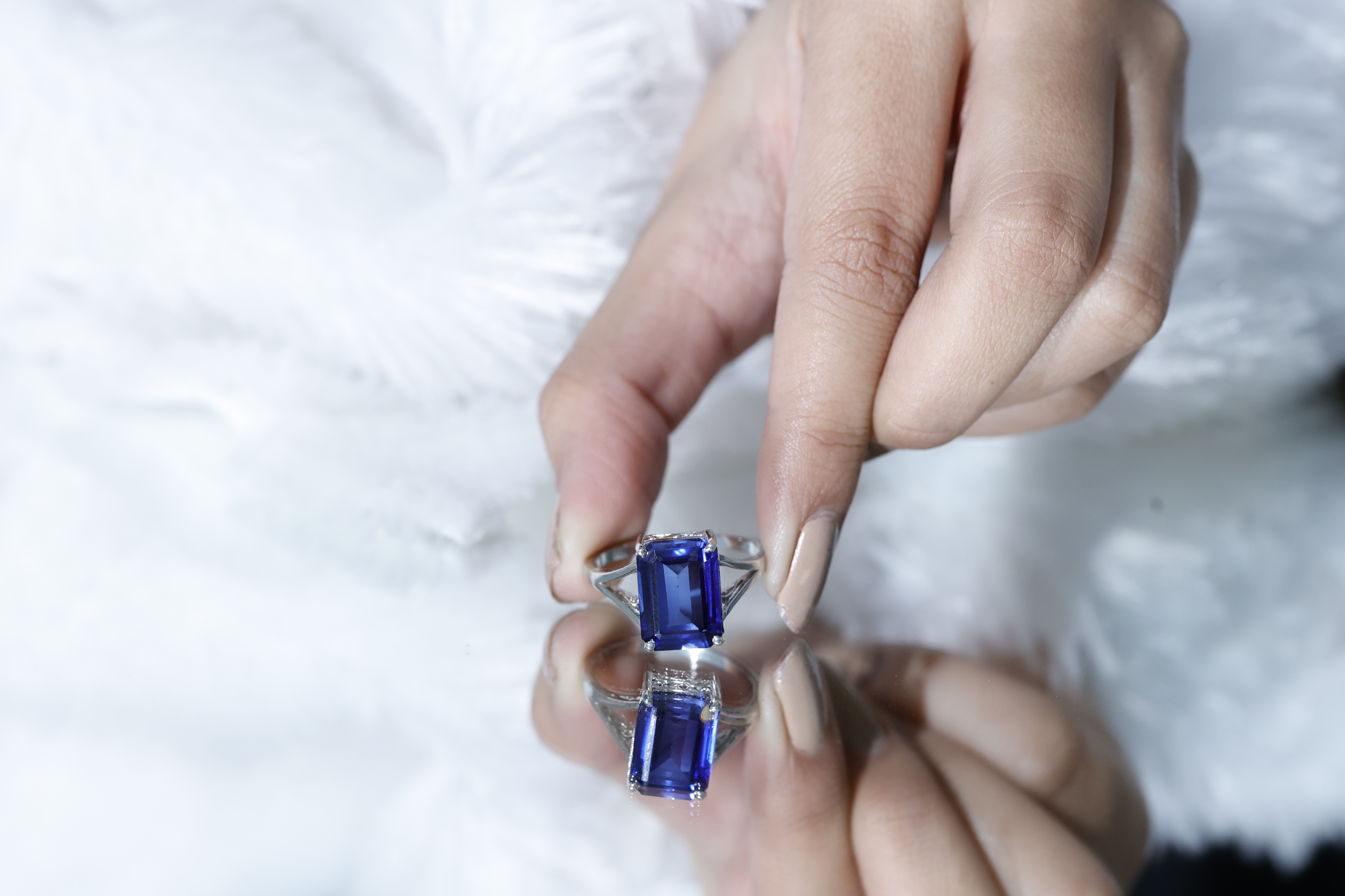 thumbnail video image 2 of Rosec Jewels Lab Grown Sapphire Ring Emerald Cut (9 Ct, 10X14 mm, AAAA Quality) - Big Sapphire Cocktail Ring with Jewelry Box, 14K White Gold, US 8.50, 2 of 9