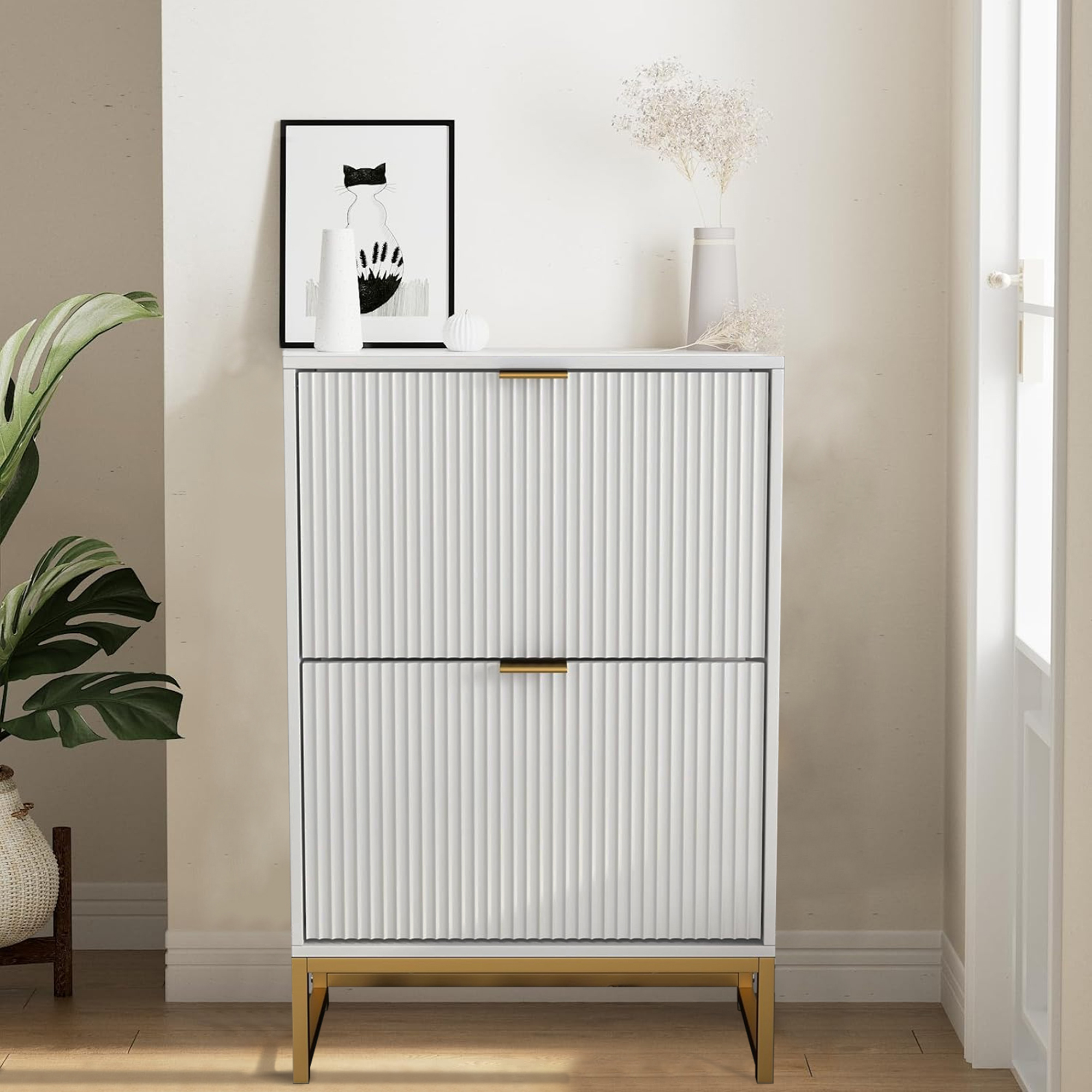 thumbnail video image 2 of Oubayajia Modern Shoe Storage Cabinet, Wood Shoe Rack Organizer with 2 Flip Drawers, Freestanding Narrow Shoe Cabinet for Entryway Hallway, White, 2 of 8