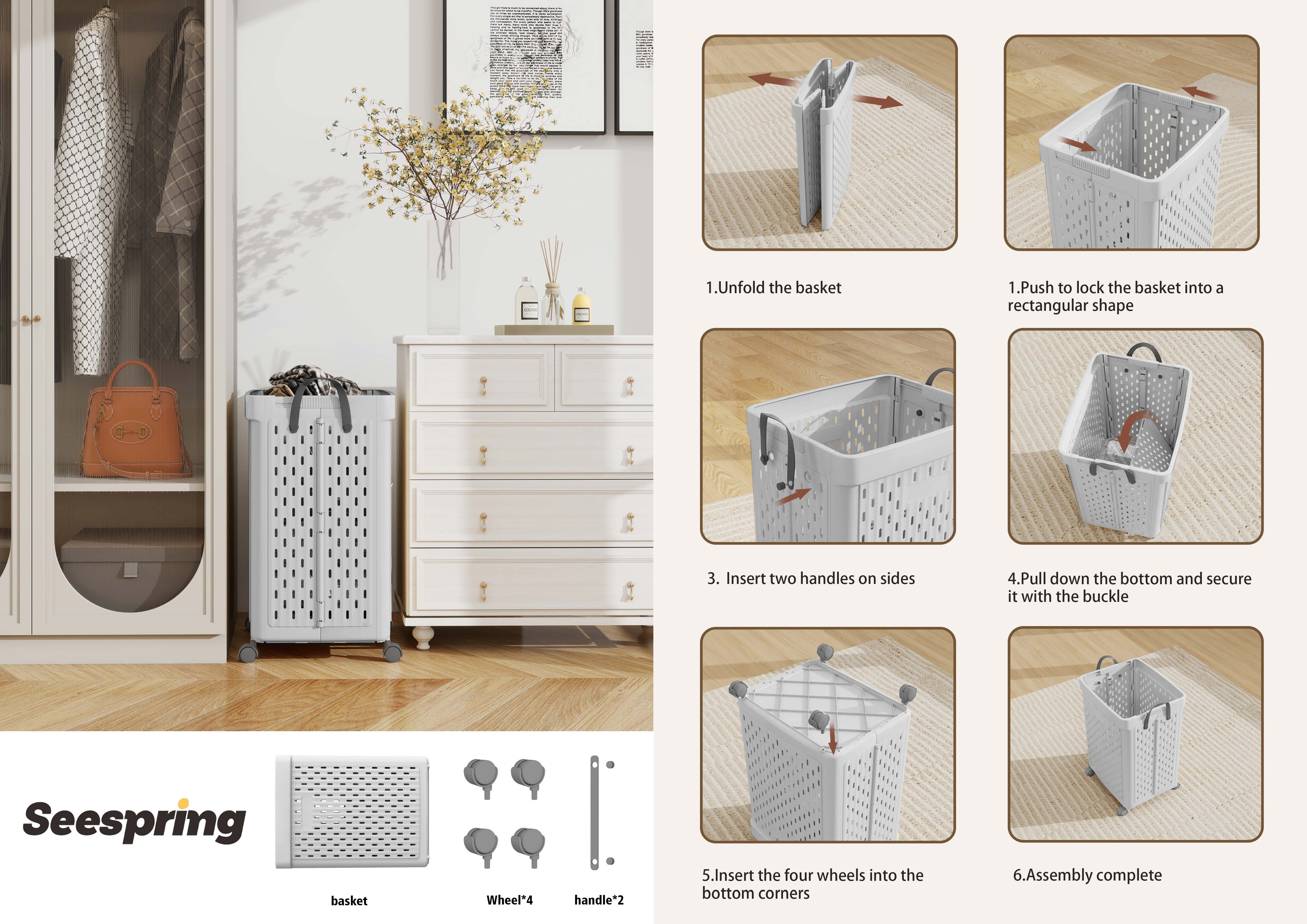 thumbnail video image 2 of SEESPRING 1 Bushel Laundry Basket with Wheels Foldable Rolling Slim Laundry Basket Waterproof,Tall Thin Plastic Dirty Clothes Laundry Hamper, 2 of 7