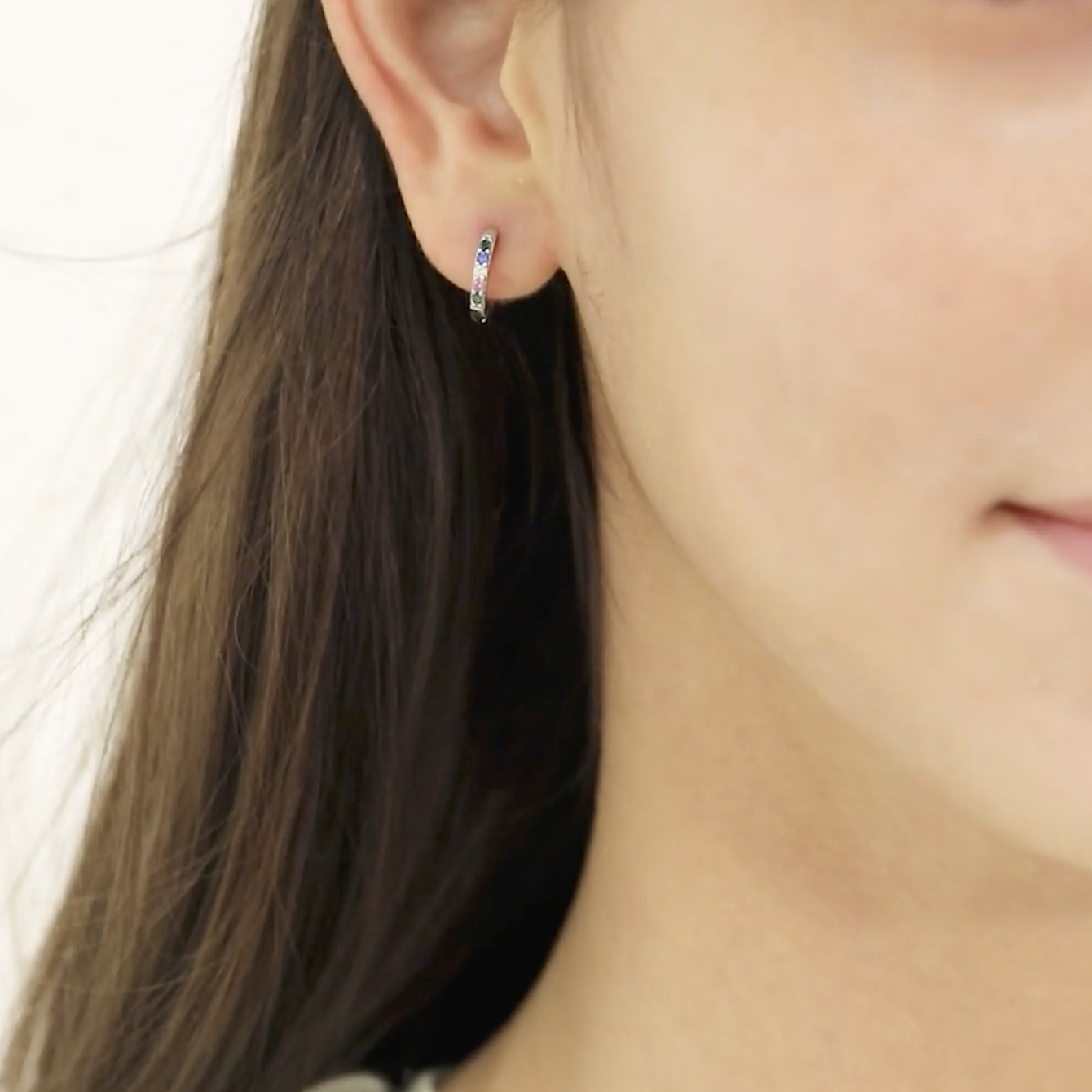 thumbnail video image 2 of Colorful CZ Gem 9mm Baby / Toddler / Kids Earrings Hoop - Sterling Silver, 2 of 6